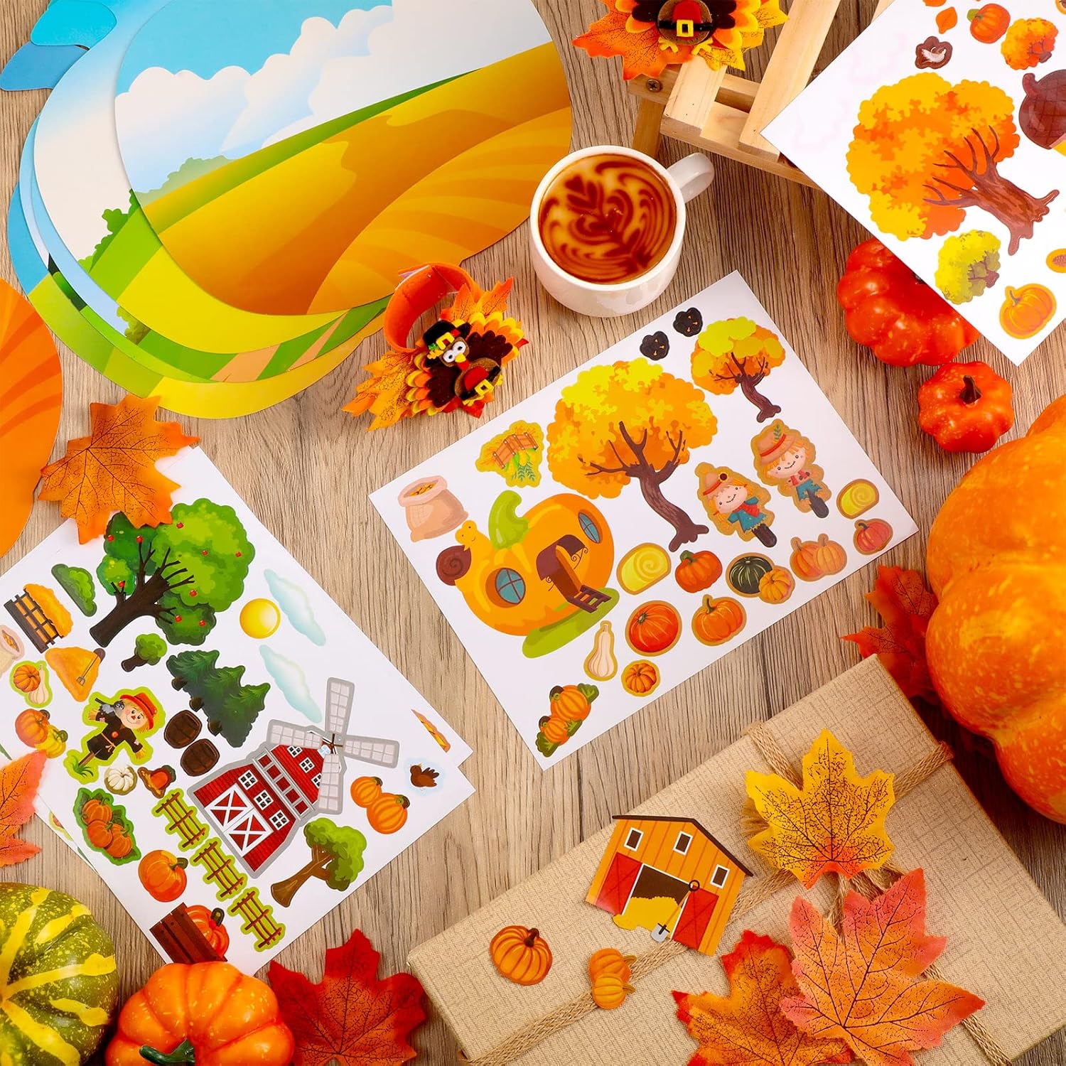 Spiareal 24 calcomanías de Acción de Gracias, otoño, otoño, escena para niños, haz una calcomanía con cartón de calabaza, tu propio espantapájaros,