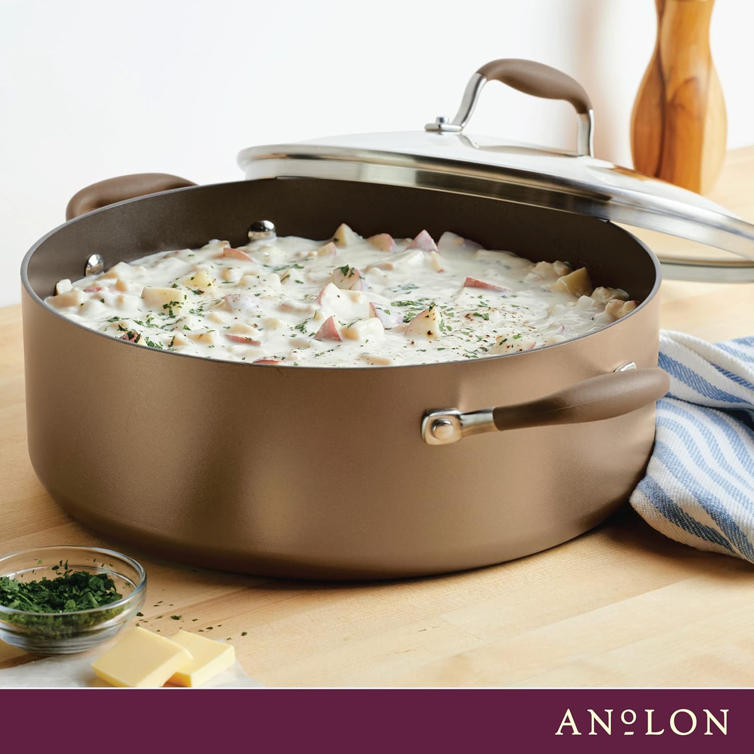 Anolon Advanced Home Olla ancha antiadherente anodizada dura (7.5 cuartos de galón, bronce)
