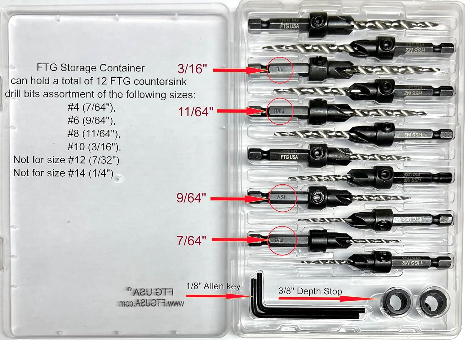 FTG USA Juego de brocas avellanadoras para 12 piezas, FTG ajustable, caja de plástico utilizada como estuche de almacenamiento para brocas