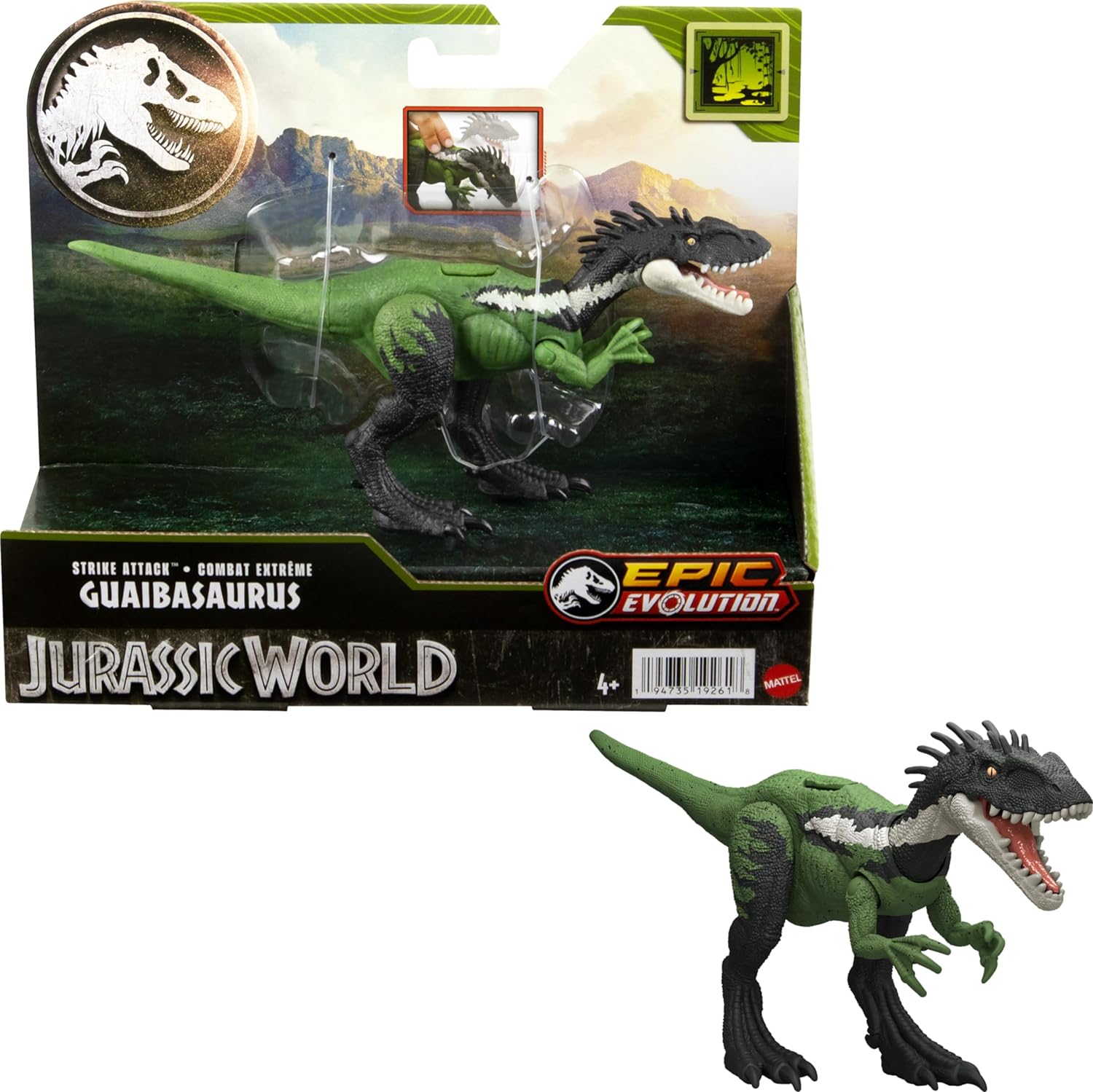 Mattel Jurassic World Strike Attack Guaibasaurus – Juguete de dinosaurio con acción de golpe único, articulaciones móviles, figura de acción de