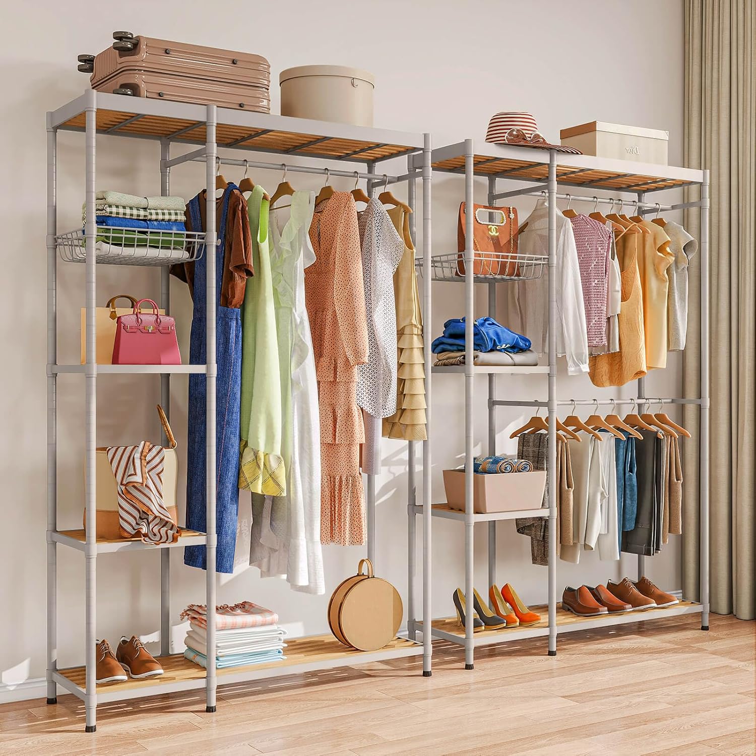 Perchero resistente para ropa de 800 libras de capacidad, perchero de metal independiente con estantes, estantes de ropa comercial para colgar ropa,