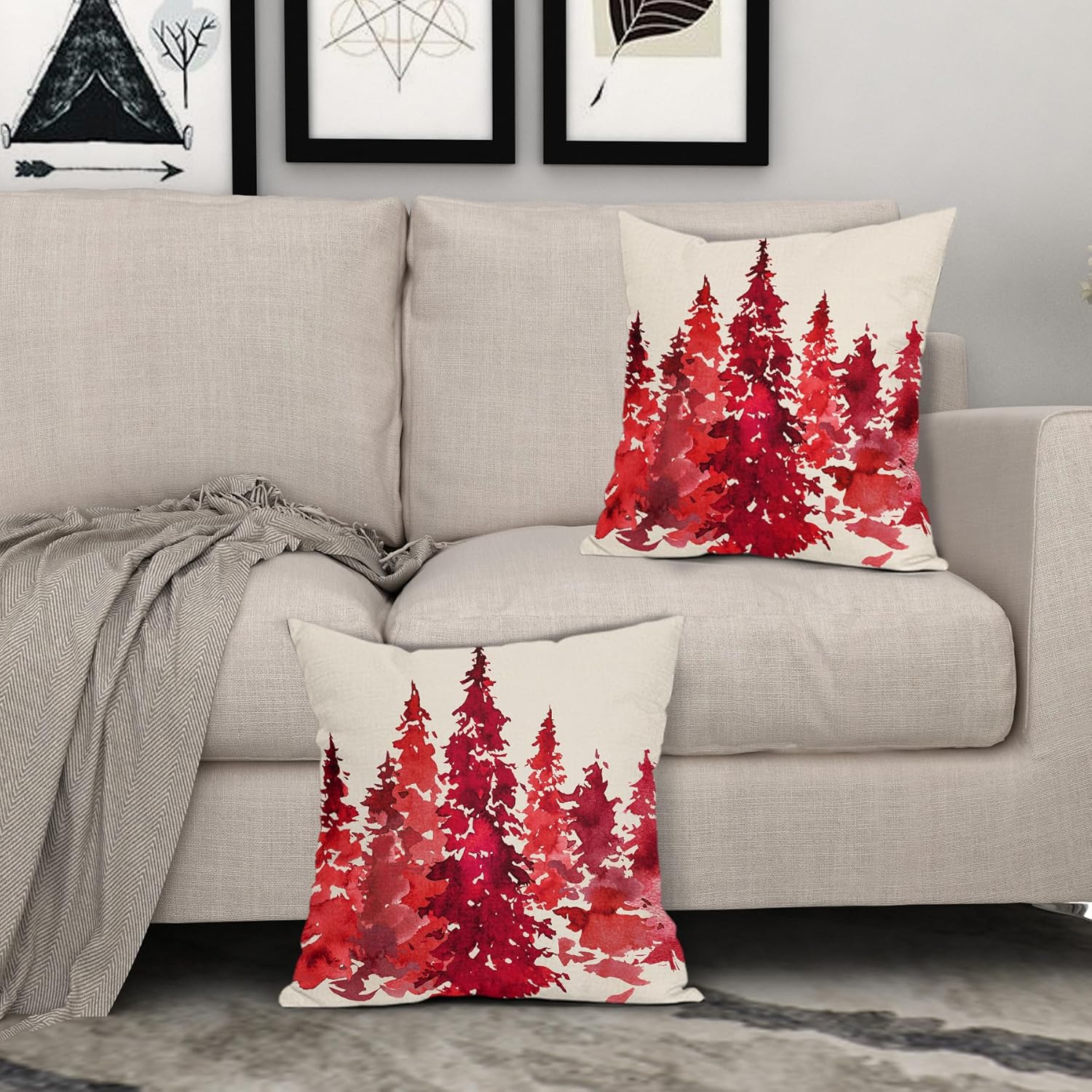 Juego de 2 fundas de almohada de árbol rojo acuarela de 18 x 18 pulgadas, fundas de almohada decorativas de Navidad con temática de naturaleza,