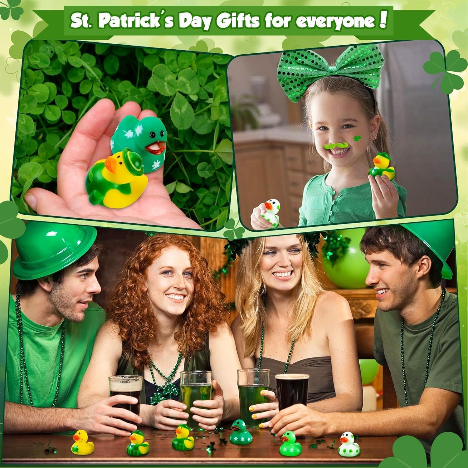 18 patos de goma para el día de San Patricio, 6 estilos, mini patos de goma verdes, trébol irlandés, divertidos juguetes de baño para niños,