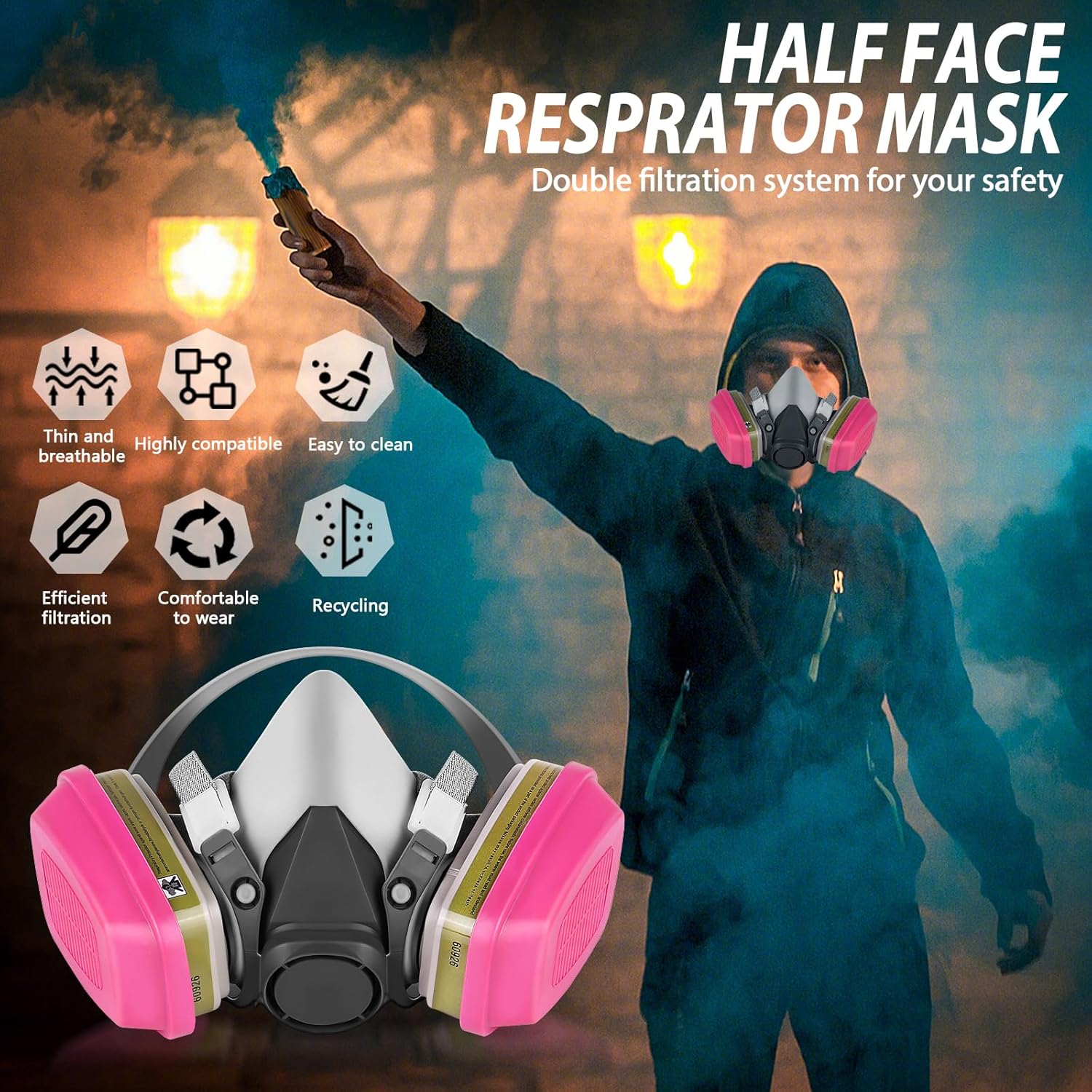 LJSXFI Máscara respiradora de gas de cara completa – Máscaras de gas con filtro de carbón activado 60926, contra polvo, gases, vapor orgánico