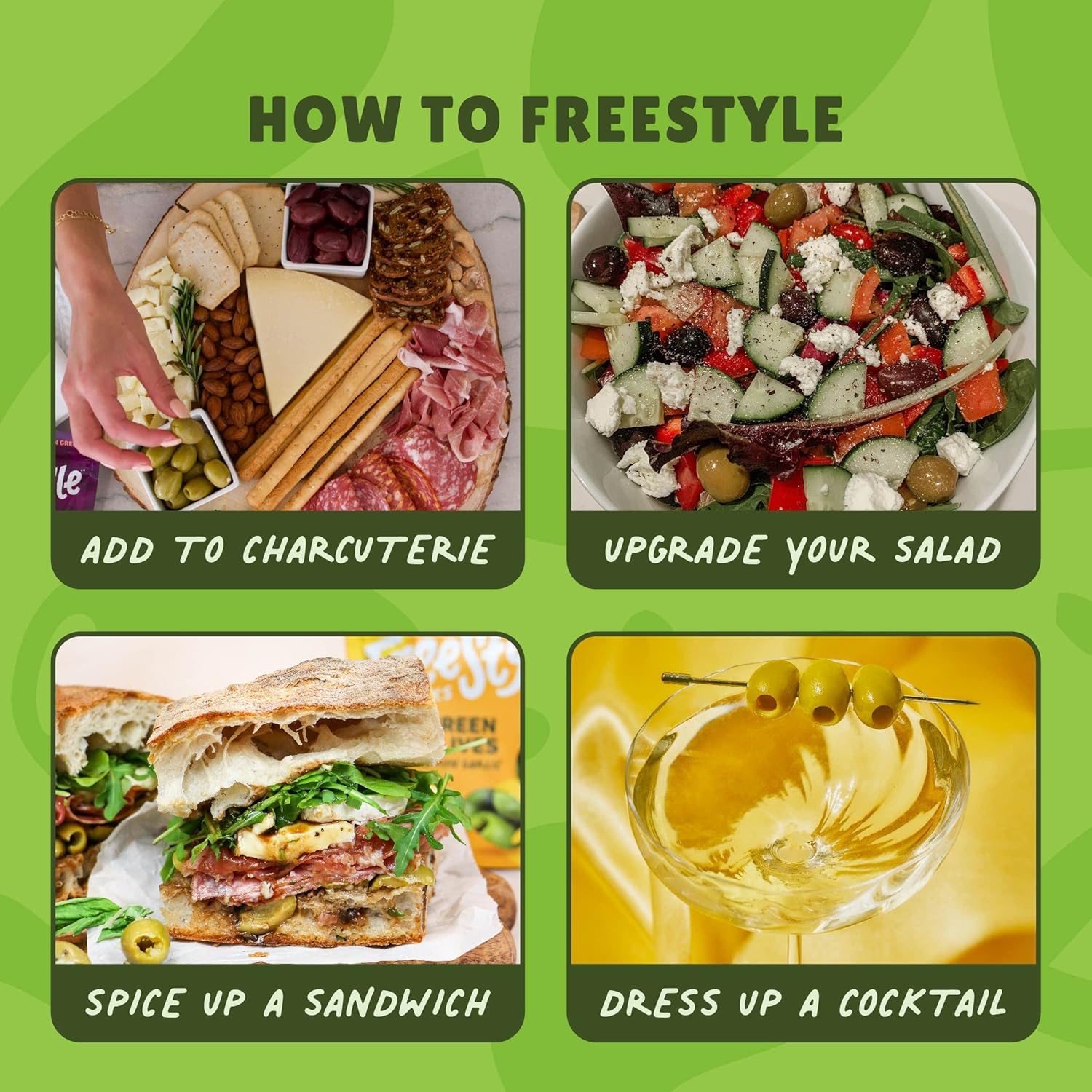 Freestyle Snacks Paquetes de aceitunas  Paquete de 3 sabores  Ajo limón, original, picante y picante  (18) paquetes de 1.1 oz en total  Aceitunas