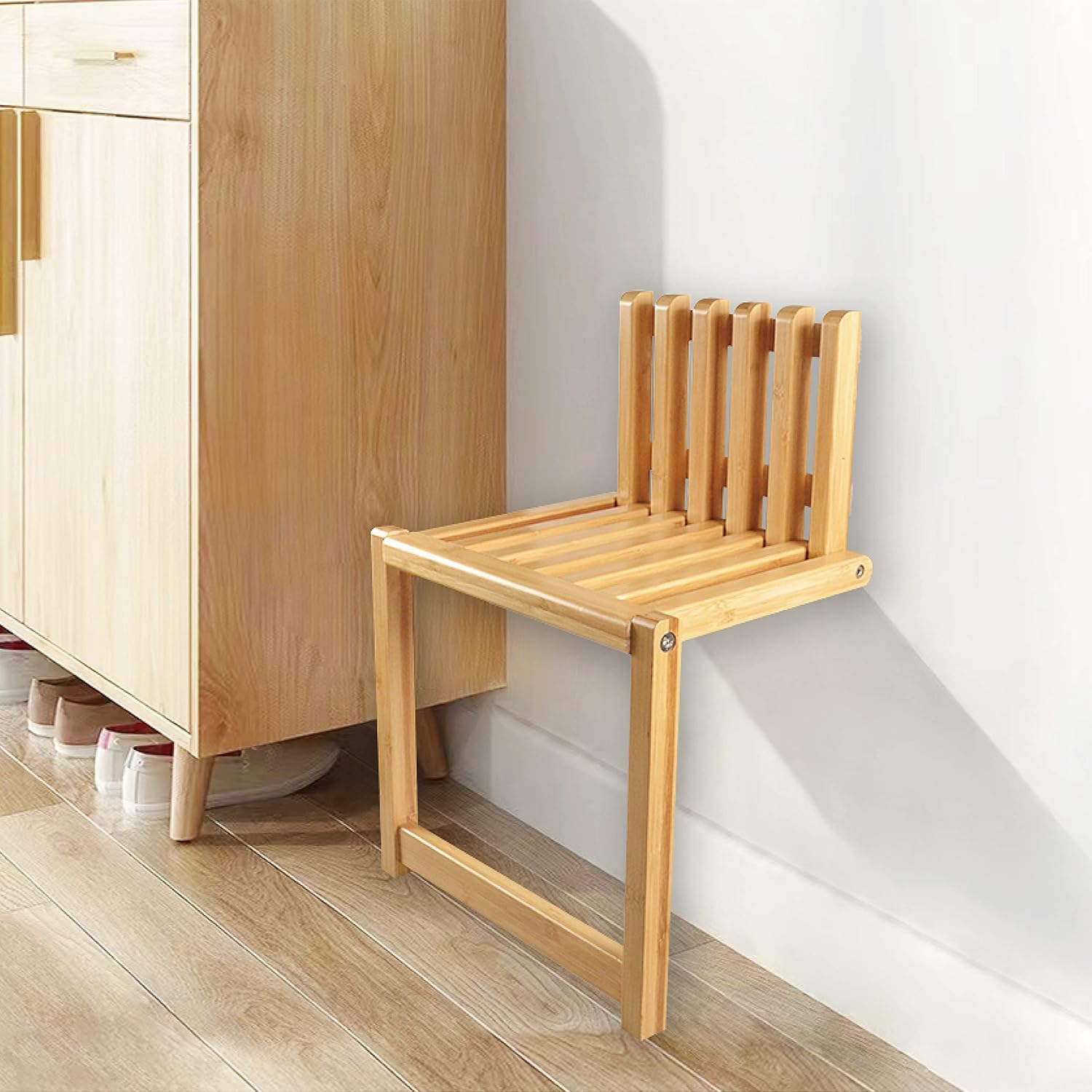 DOORTIAN Silla plegable montada en la pared Silla de porche de bambú sólido Gabinete de zapatos Gabinete oculto Reposapiés plegable Baño Balcón