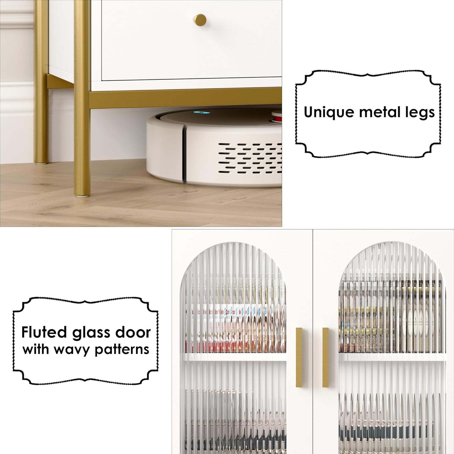 Aparador de buffet con almacenamiento, aparador de buffet, gabinete de barra de café con puertas de vidrio estriado y patas doradas, armarios de