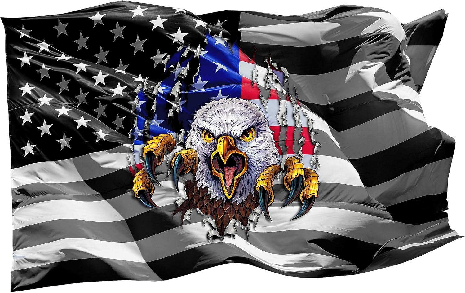 American flag black and White with colored Eagle ripping through decal (48″ x 32″)