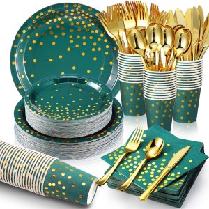 560 piezas de suministros de fiesta verde oscuro y dorado para 80 invitados, juegos de vajilla desechables, platos de papel verde, servilletas, 560 piezas de suministros de fiesta verde oscuro y dorado para 80 invitados, juegos de vajilla desechables, platos de papel verde, servilletas,