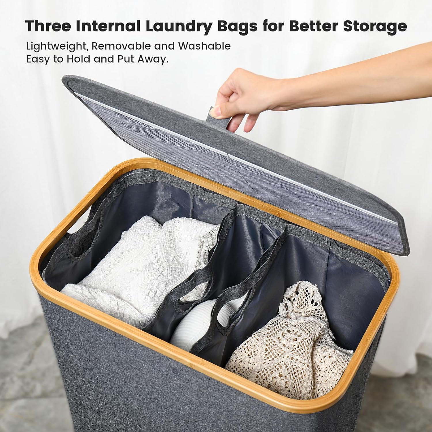 Cesta de lavandería extra grande de 160 litros con tapa, cesta de lavandería con mango de bambú y 3 bolsas interiores extraíbles, para dormitorio,