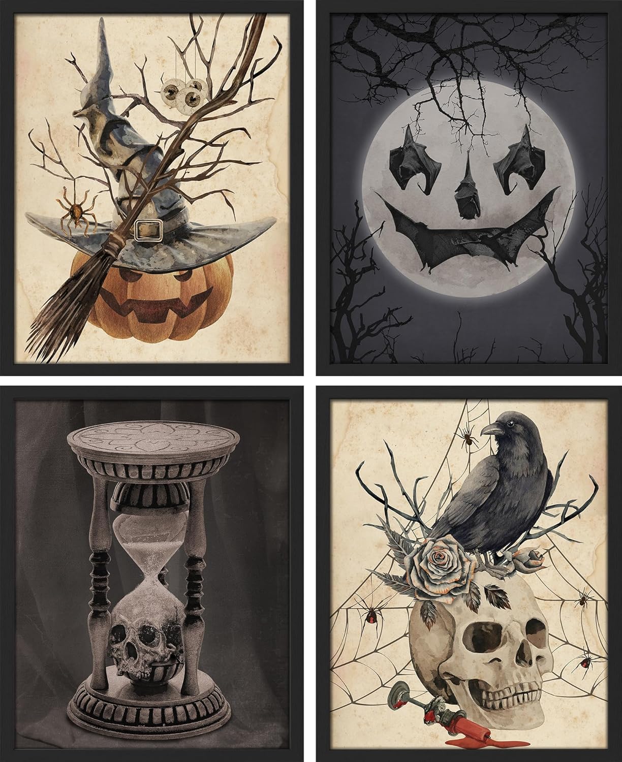 SIGNWIN Póster enmarcado Pascua de Halloween con sombrero, esqueleto, gato, calabaza, celebraciones y vacaciones, arte moderno, realismo, animal