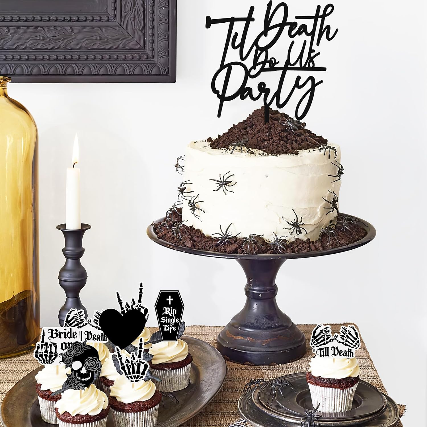 Kitticcino Til Death Do Us – Decoración de fiesta gótica para fiesta, pancarta de acrílico para decoración de tarta, globos blancos y negros,