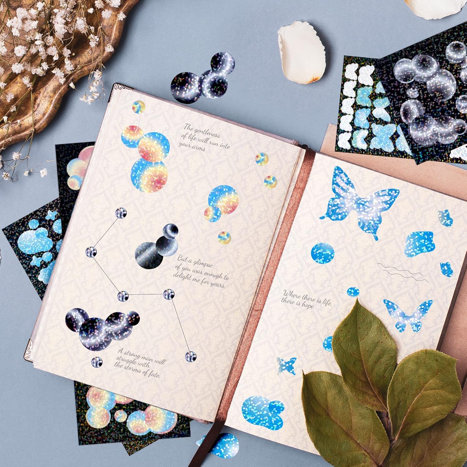 OIIKI 15 hojas de calcomanías coloridas brillantes con láser, burbujas con purpurina, delfín, mariposa, calcomanías de corazón, calcomanías
