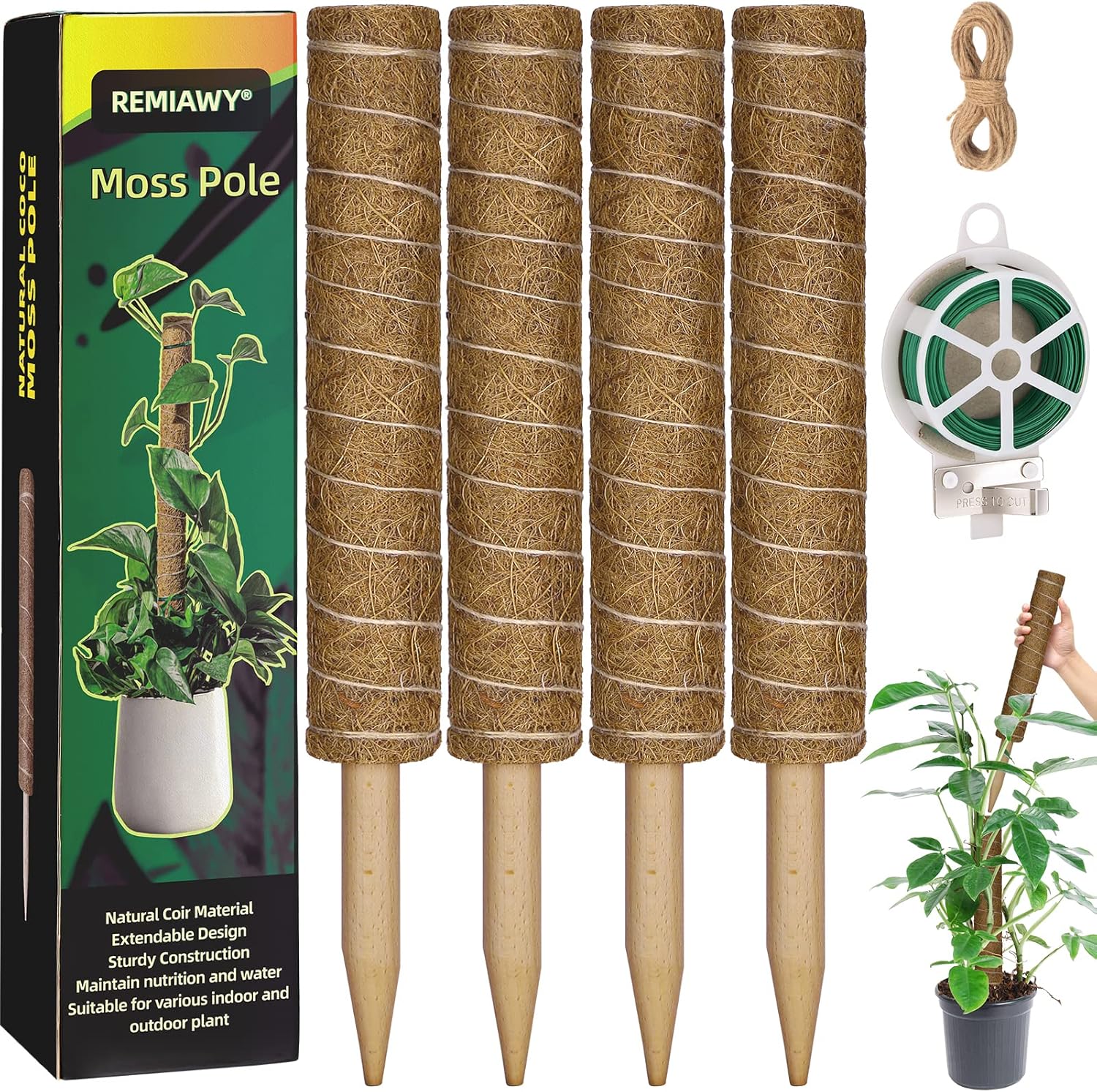 Poste de musgo de 56 pulgadas, 4 piezas de soporte para plantas Monstera de poste de musgo, palo de tótem de coco de 17.7 pulgadas para plantas