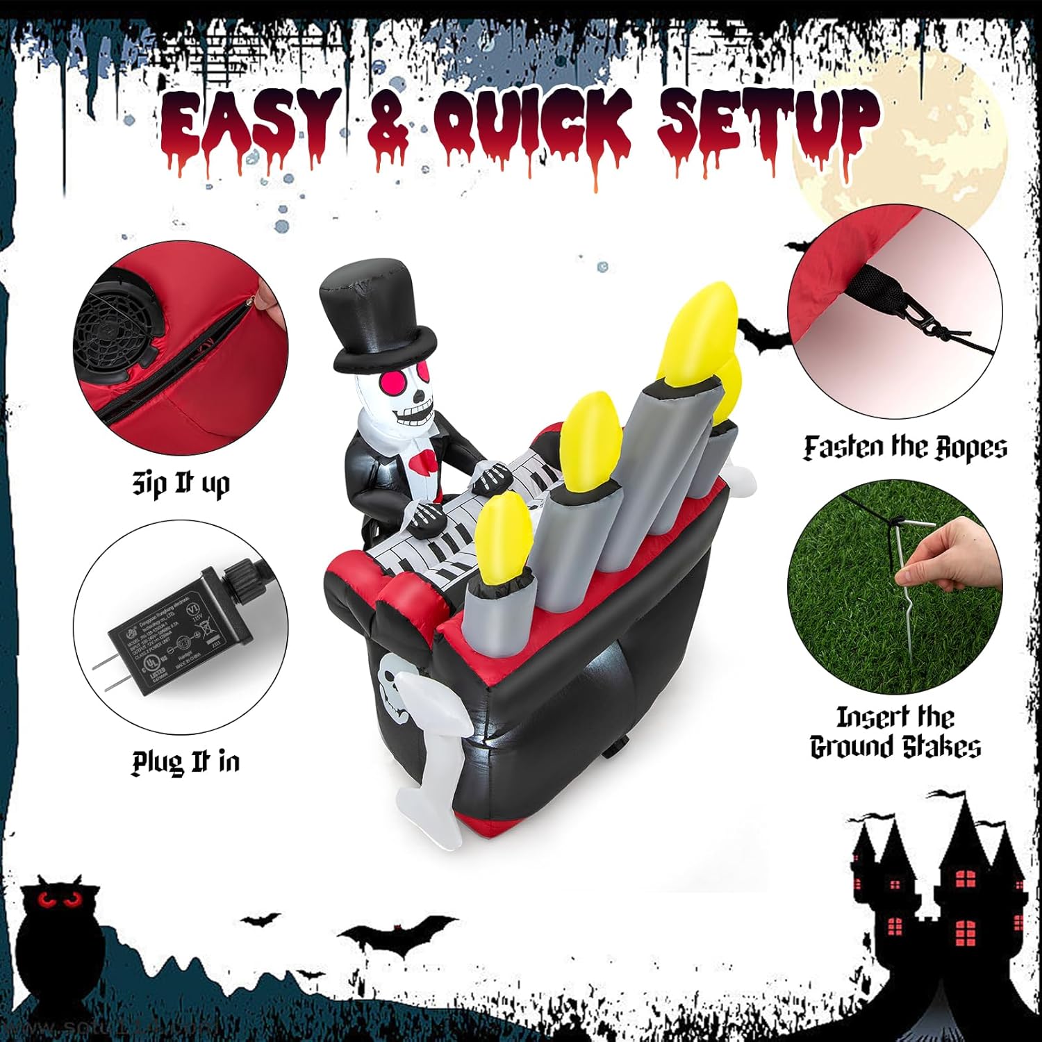 Tangkula Piano inflable de esqueleto de Halloween de 5.2 pies, decoración al aire libre con altavoz Bluetooth y 4 luces LED, decoración de patio