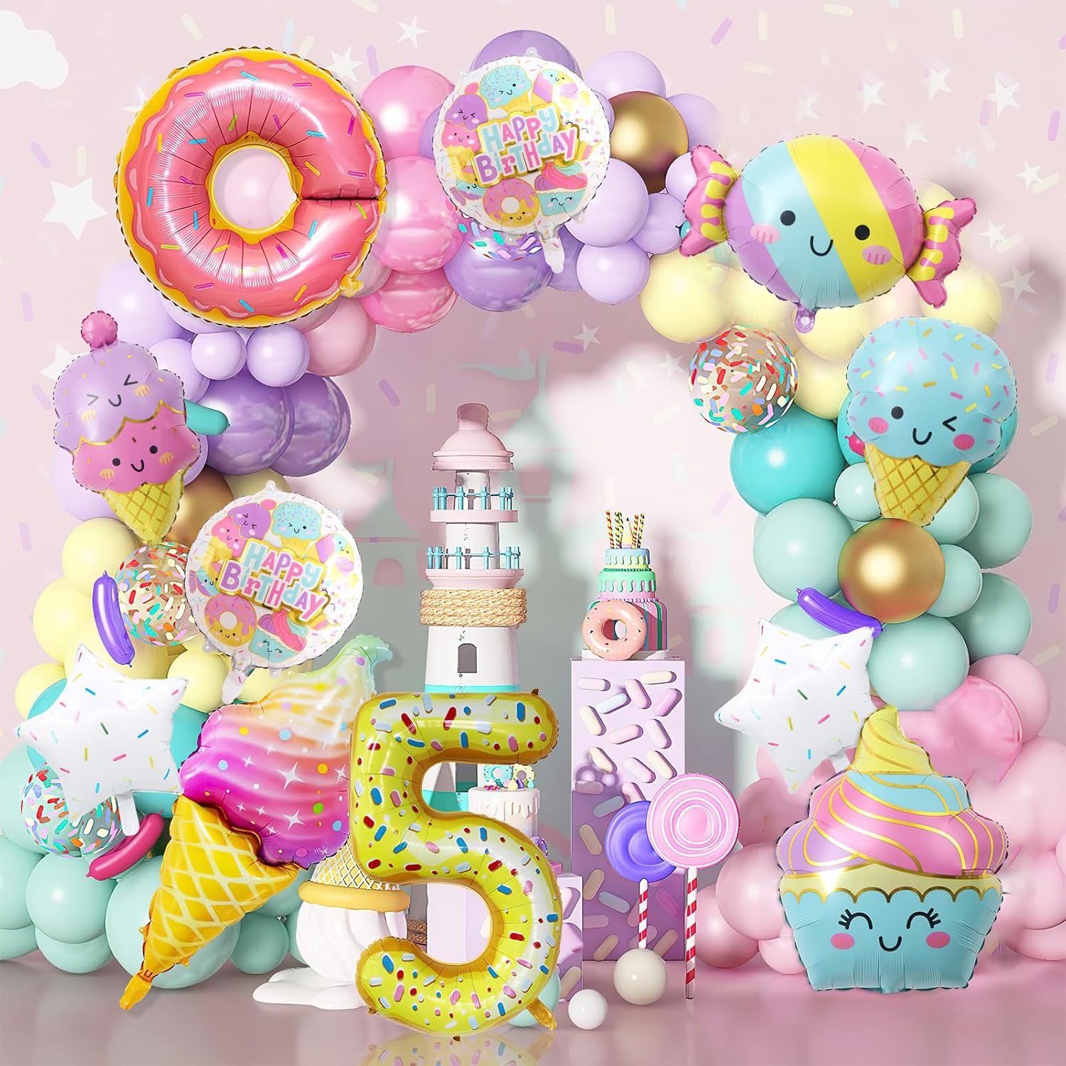 10 globos de helado, dona de helado, caramelo, número de cumpleaños, globo de papel de aluminio de mylar, tema de helado, suministros de fiesta de 5