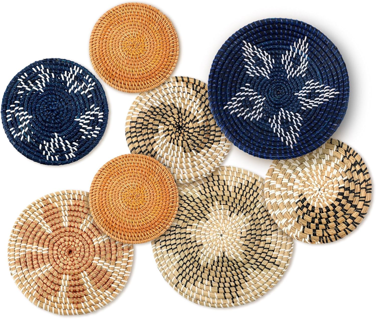 Xuhal Juego de 8 cestas de pared tejidas colgantes hechas a mano, decorativas, rústicas, bohemias, decoración de pared hecha a mano de mimbre