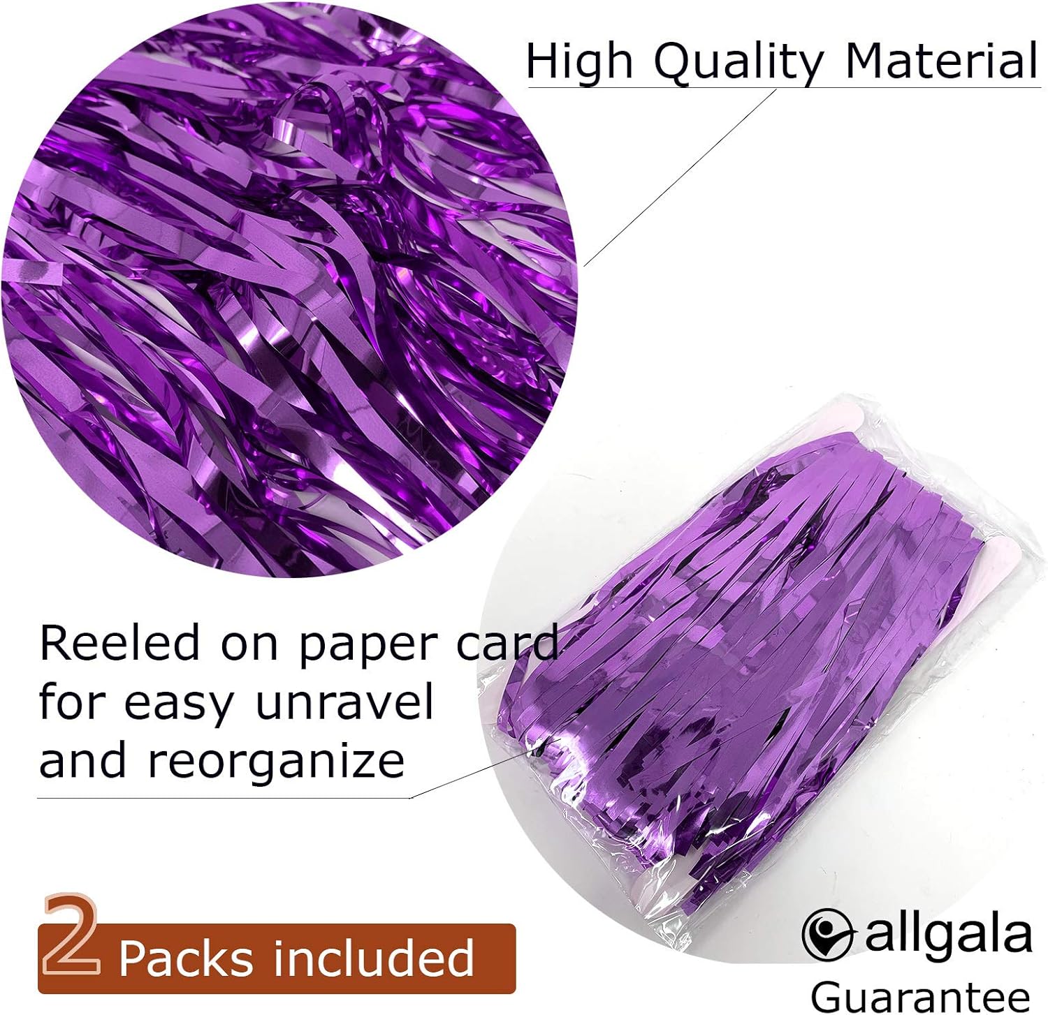 Allgala Paquete de 2 faldas de mesa de oropel con flecos metálicos de 29 x 108 pulgadas para decoración de fiestas, eventos, morado-BD52808
