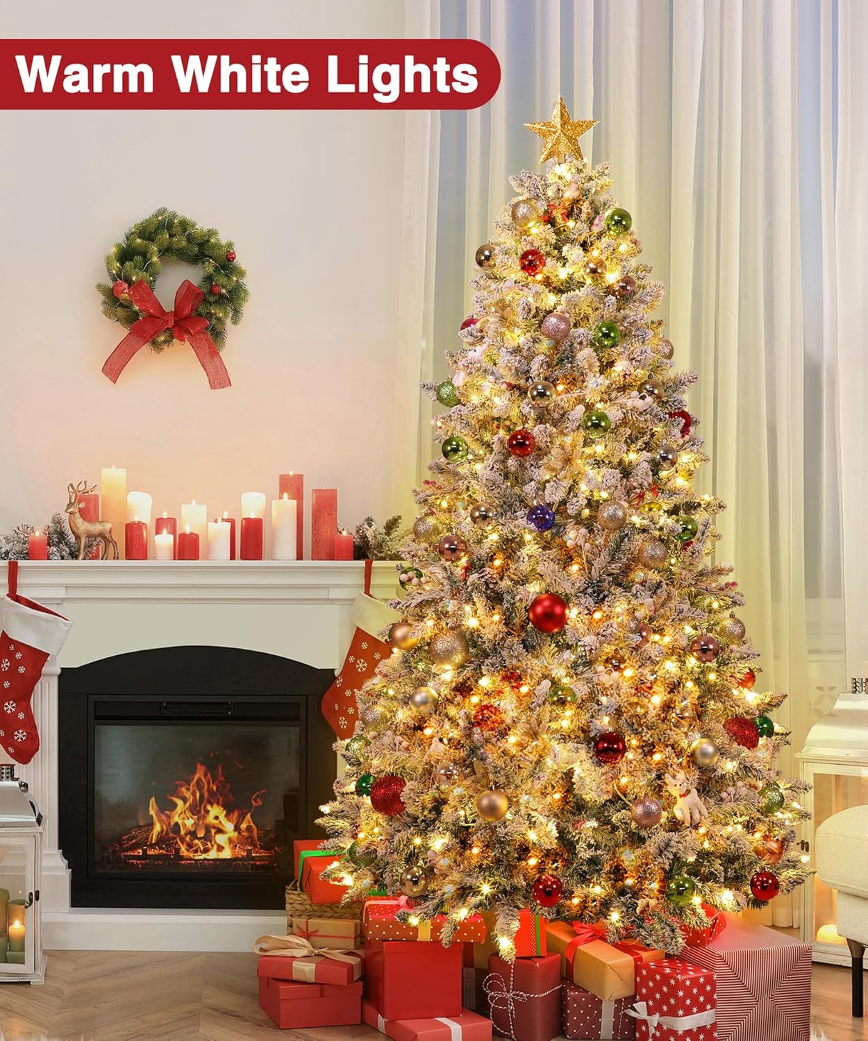 Árbol de Navidad preiluminado de 6.5 pies, árboles de Navidad artificiales con 400 luces blancas cálidas, 1100 puntas de rama, 58 bayas, decoración