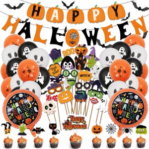 Juego de suministros de globos para fiesta de Halloween, incluye adornos para cupcakes, accesorios para fotos de selfies, pancarta de Halloween, Juego de suministros de globos para fiesta de Halloween, incluye adornos para cupcakes, accesorios para fotos de selfies, pancarta de Halloween,
