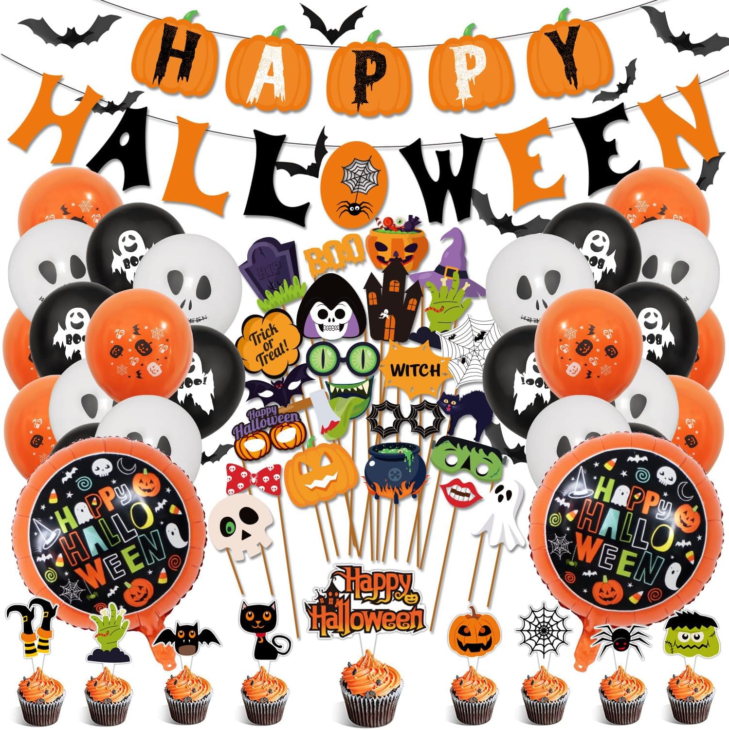 Juego de suministros de globos para fiesta de Halloween, incluye adornos para cupcakes, accesorios para fotos de selfies, pancarta de Halloween,