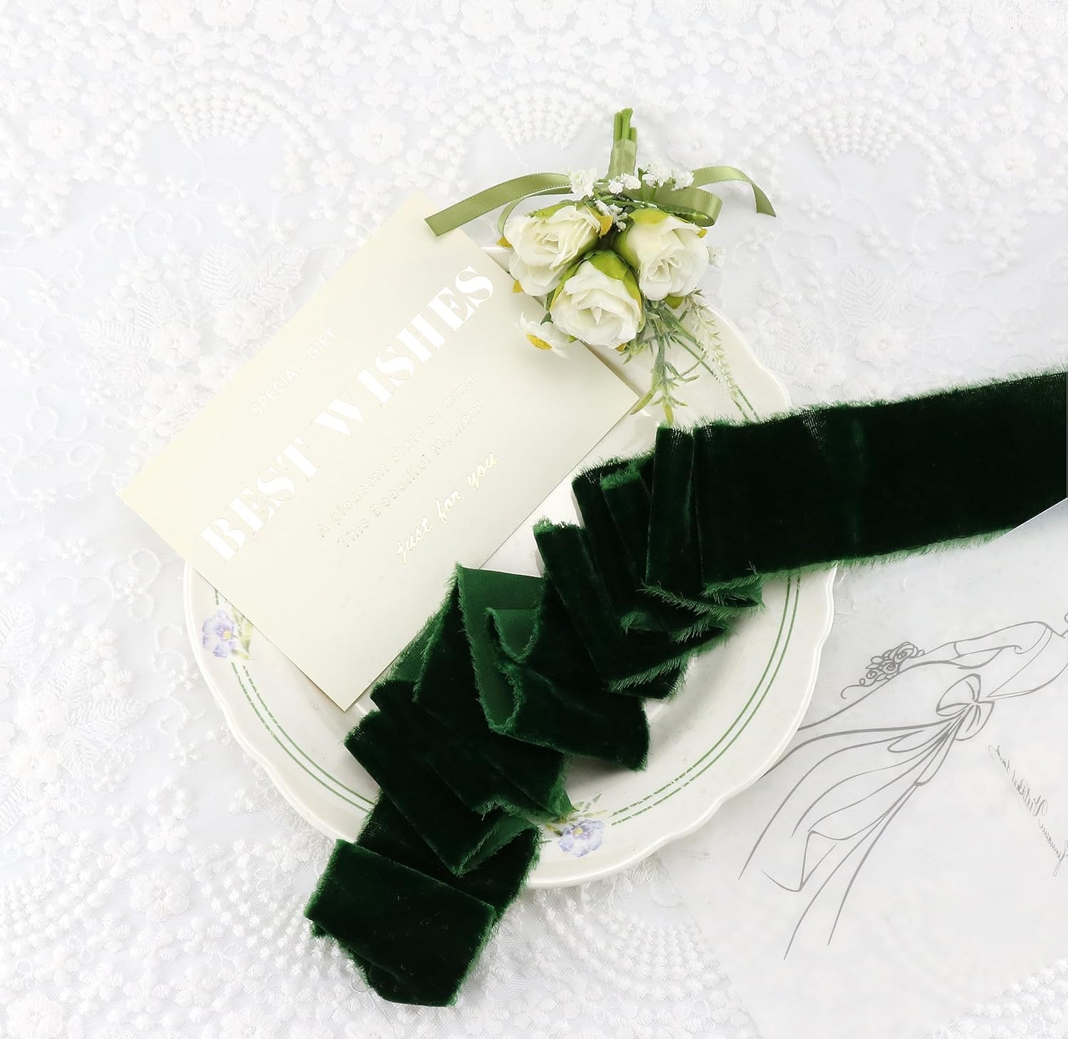 Cinta de terciopelo verde de 2 pulgadas x 3 yardas, cinta de terciopelo de seda deshilachada rasgada a mano para envoltura de regalos, invitaciones,