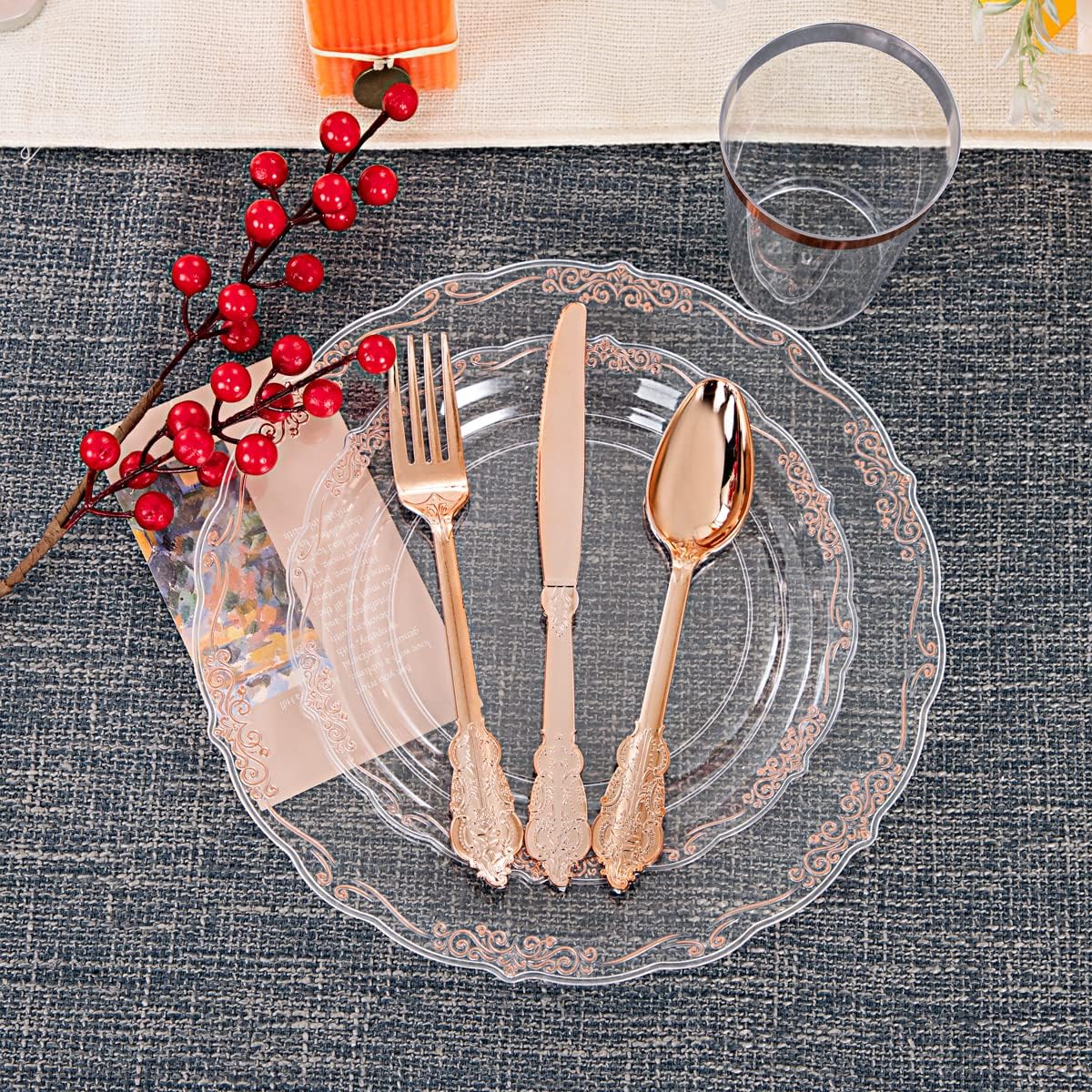 LIYH – 210 platos de plástico transparente y oro rosa con cubiertos desechables de oro rosa que incluyen 30 platos de cena, 30 platos de ensalada,