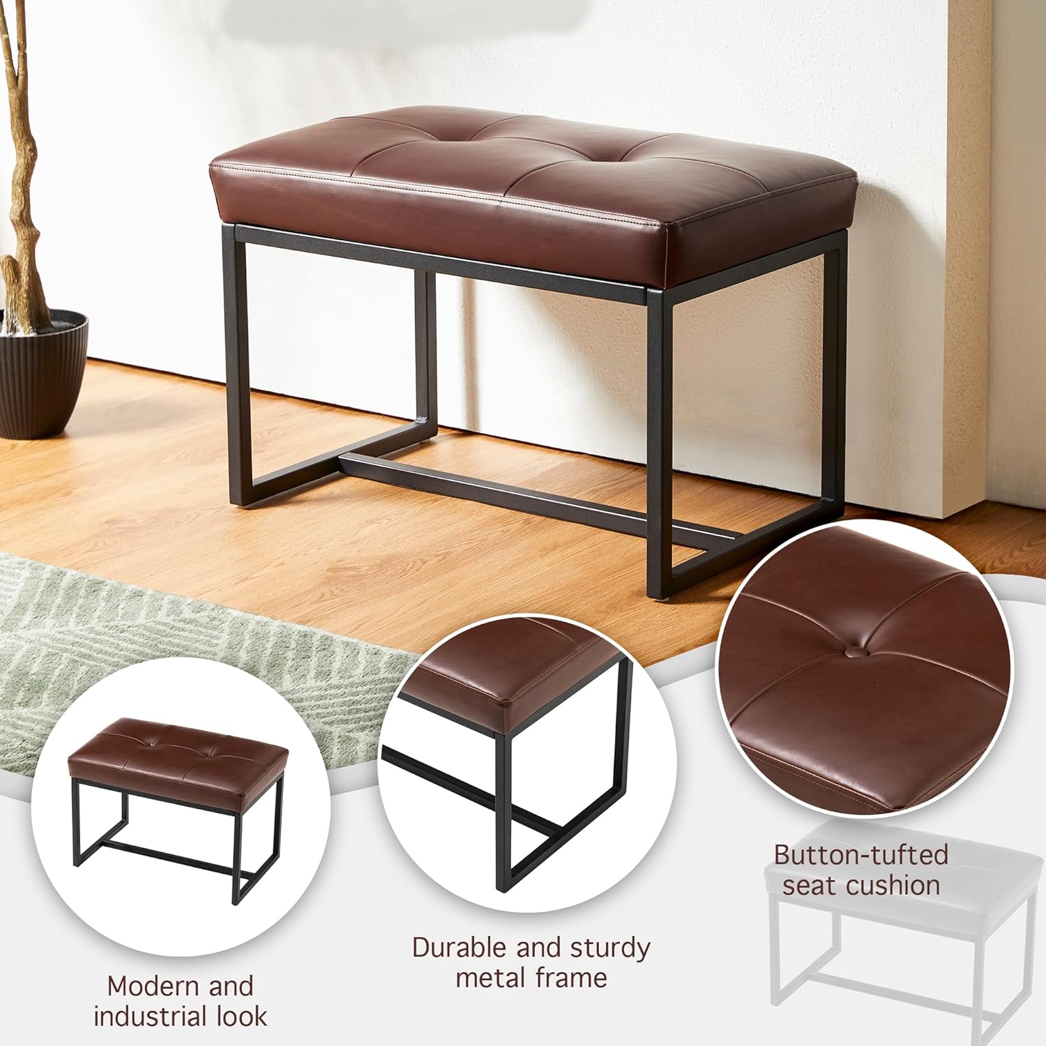glitzhome Banco otomano, moderno taburete de tocador de piel sintética con marco de metal, taburete de maquillaje, taburete acolchado para