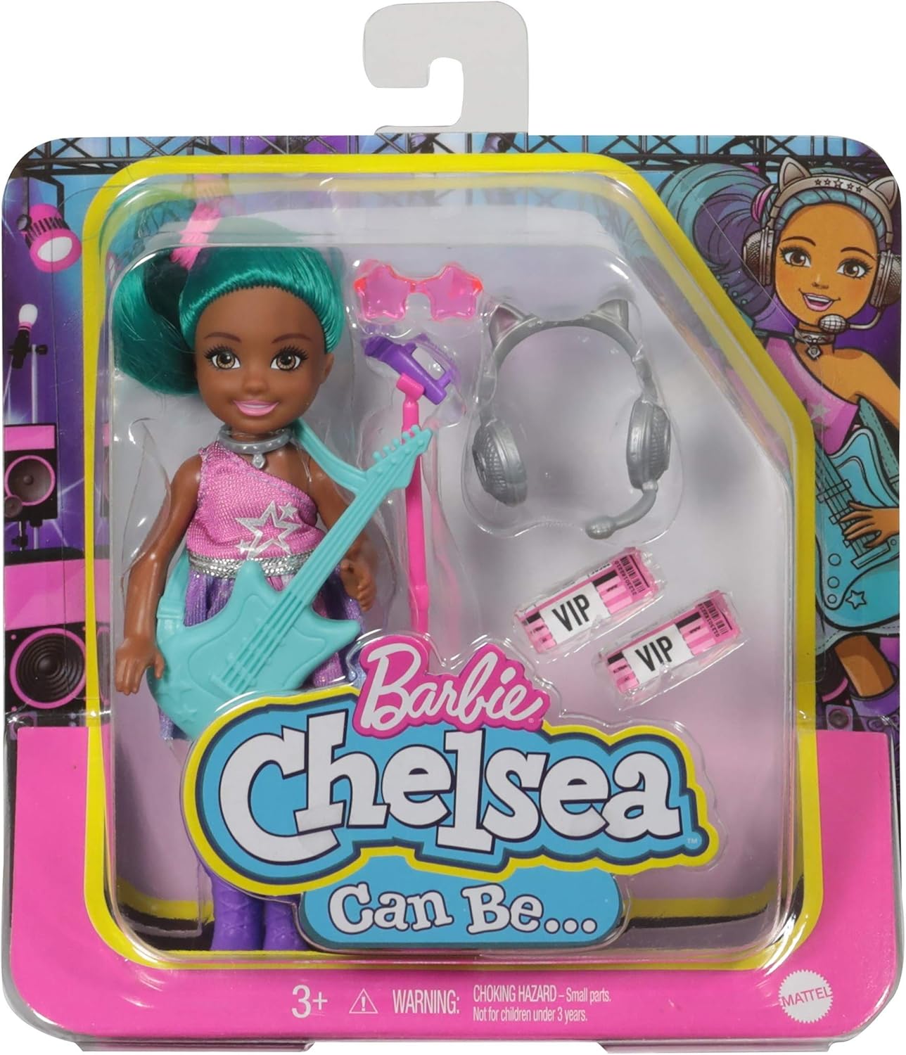 Barbie Chelsea Can Be Playset con muñeca Chelsea Rockstar Brunette (6 pulgadas), guitarra, micrófono, auriculares, 2 entradas VIP, gafas en forma de
