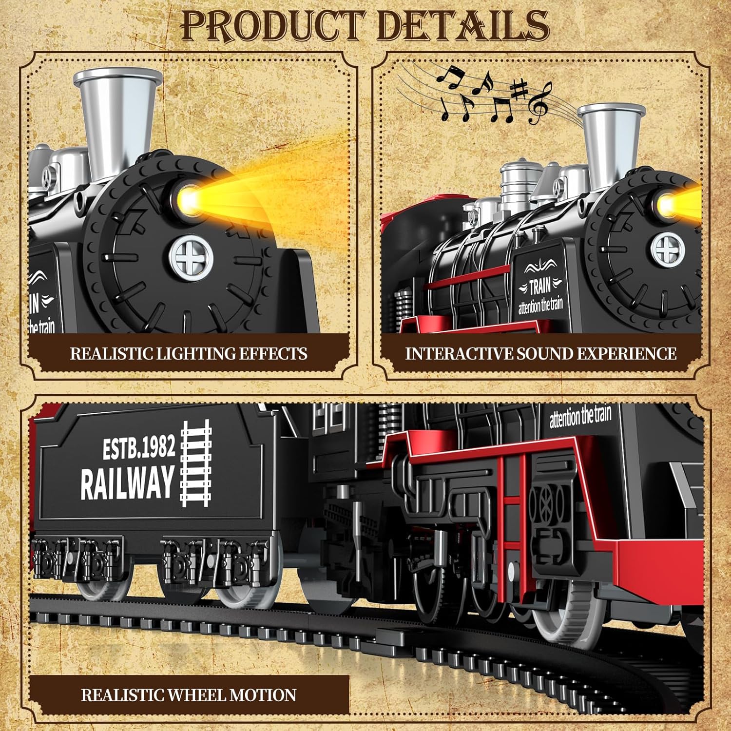 EPPO Mini pistas de tren, 13 piezas de juguetes de tren eléctrico con luces y sonidos, tren de juguete retro clásico locomotora de vapor, juguetes