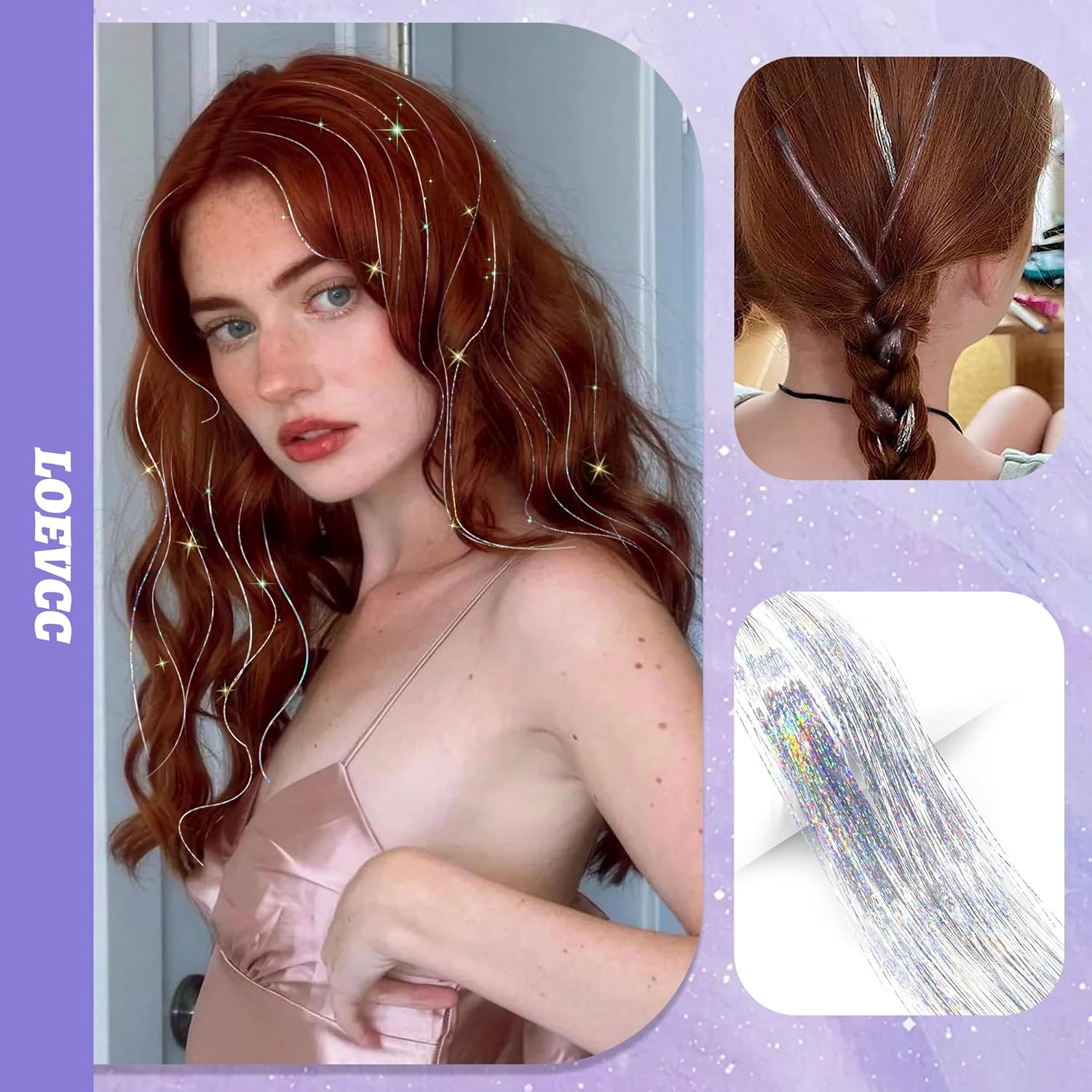 Paquete de 6 piezas de kit de oropel con clip, extensión de cabello de oropel con purpurina de 20 pulgadas con clips, resistente al calor, mechones
