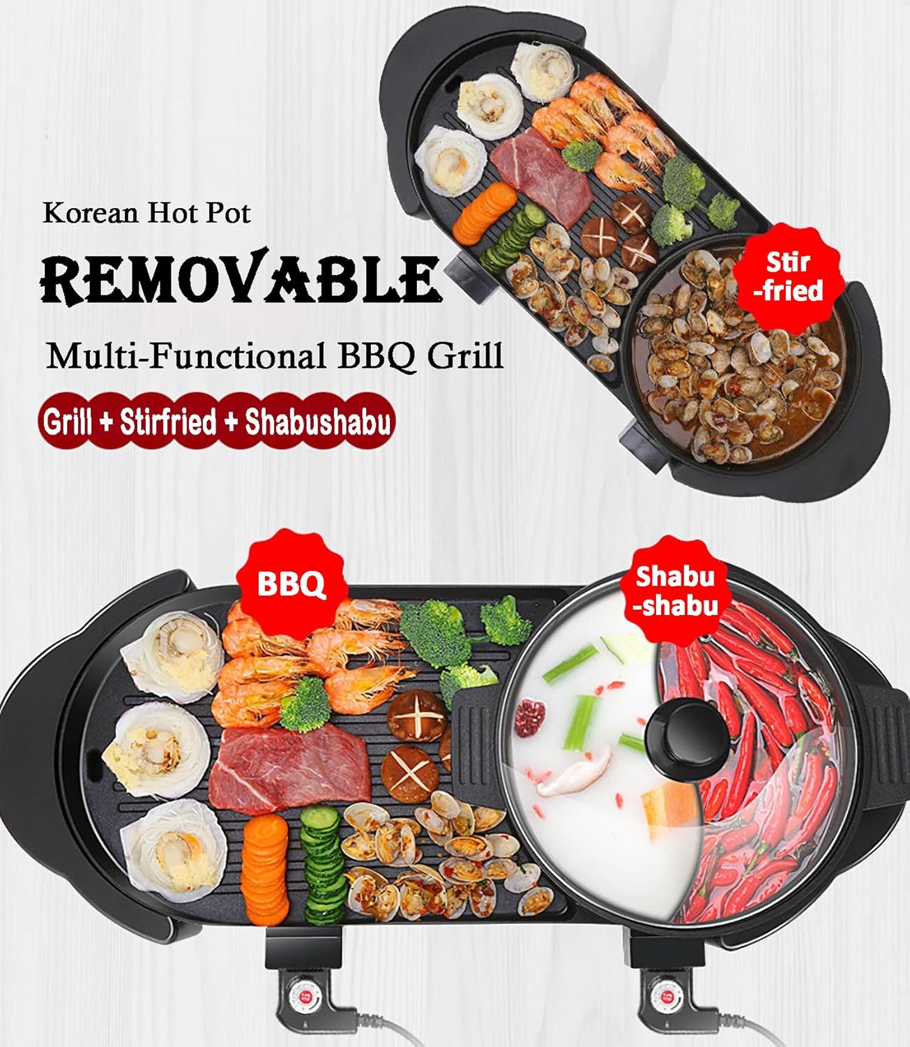 Olla caliente con parrilla, olla caliente eléctrica 2 en 1 Shabu Shabu Shabu parrilla coreana para barbacoa, olla extraíble de 1200 Wbandeja para