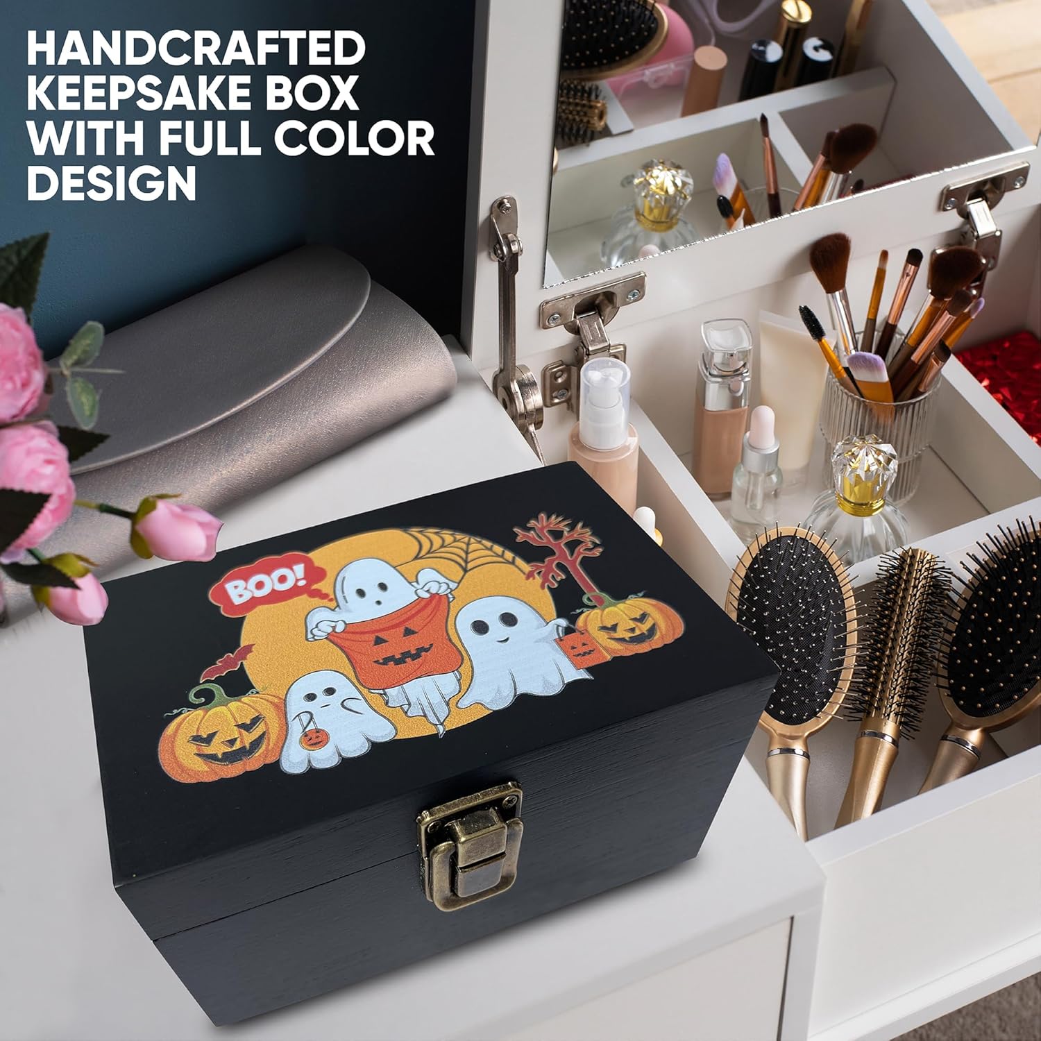 Caja de madera para fiestas o truco o trato, decoración de calabaza y fantasmas felices, caja de memoria para fotos, caja de recuerdo decorativa con