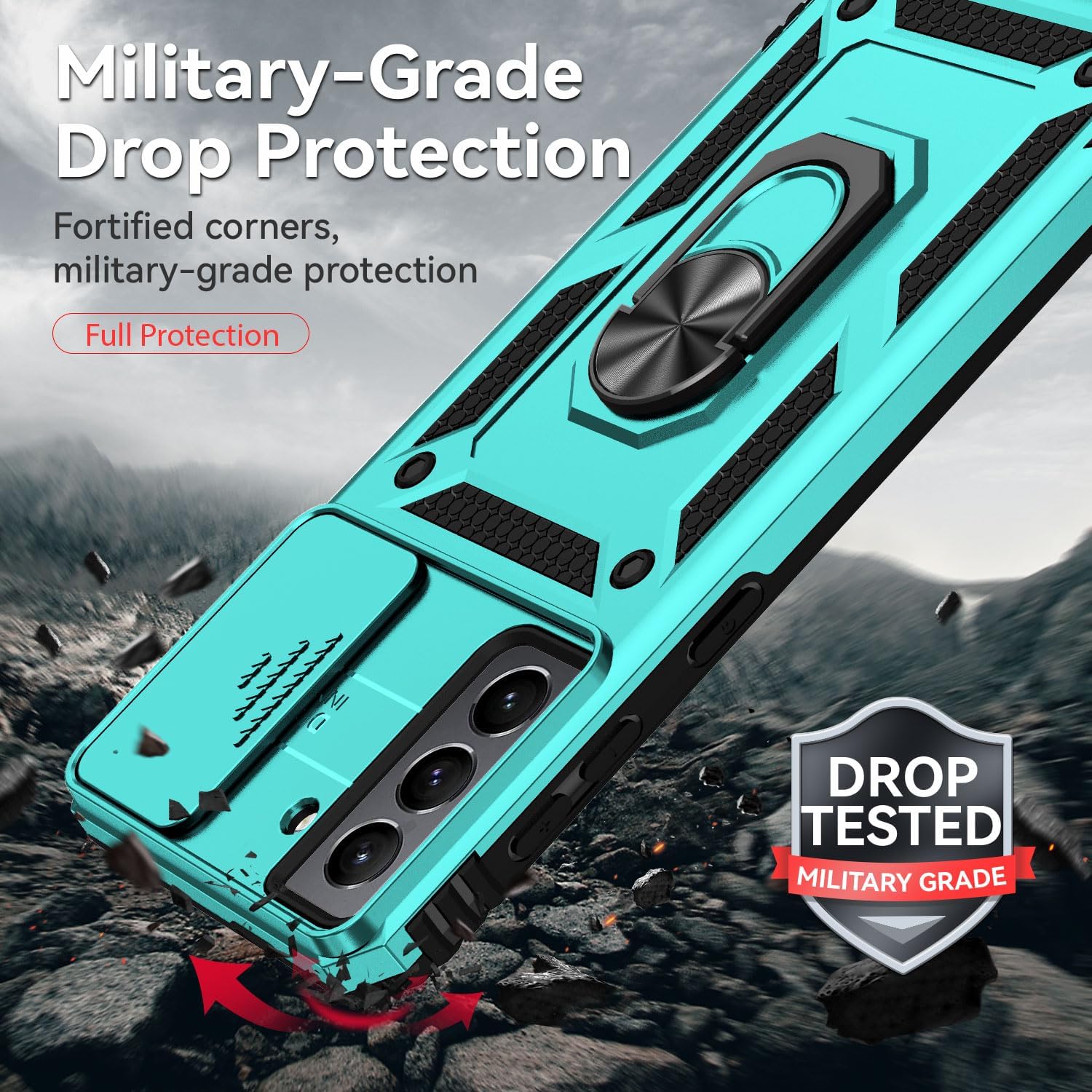 Funda para Samsung Galaxy S21 FE 5G con cubierta para lente de cámara, protector de pantalla HD, soporte de anillo magnético probado contra caídas