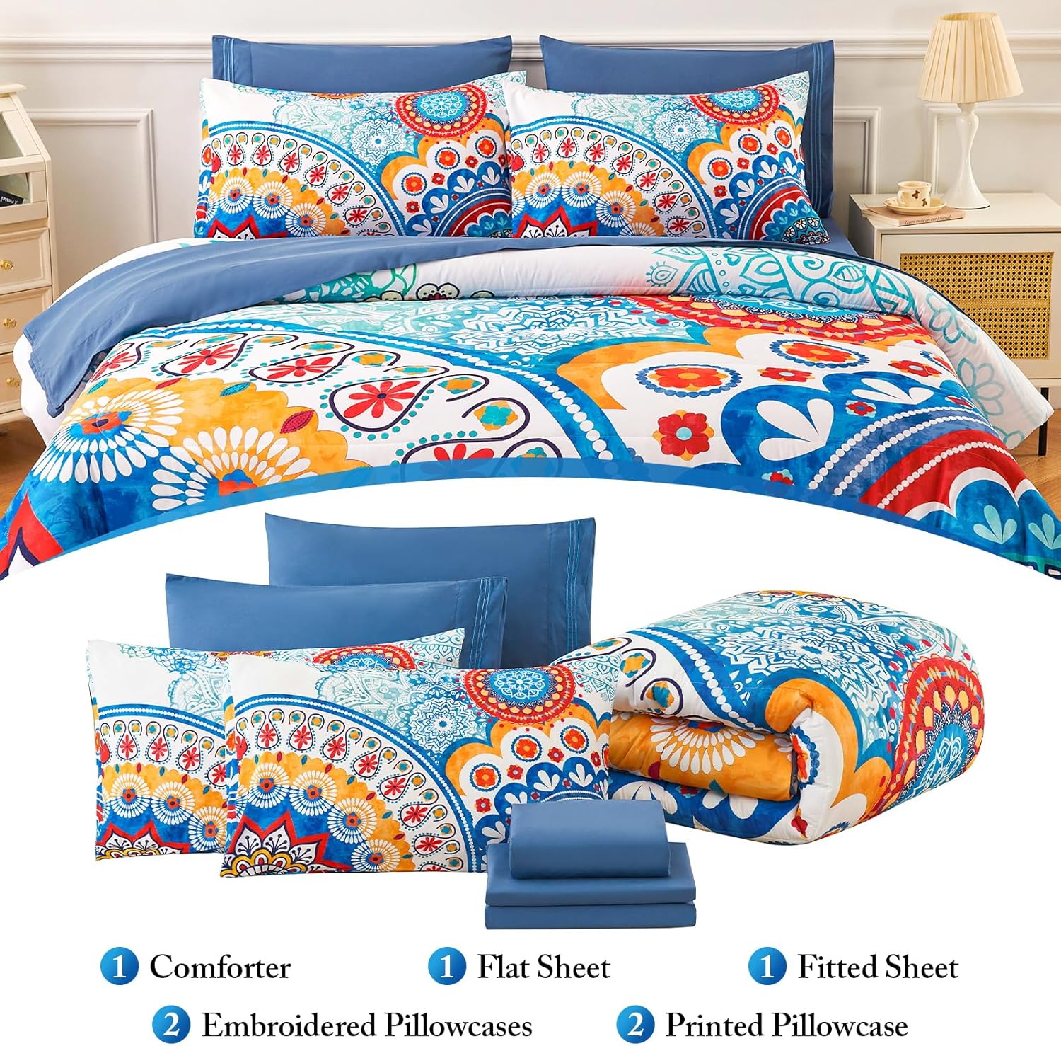 YIYEA Juego de edredón tamaño King  Estampado floral  7 piezas de cama en una bolsa  Juegos de ropa de cama para todas las estaciones con edredón,