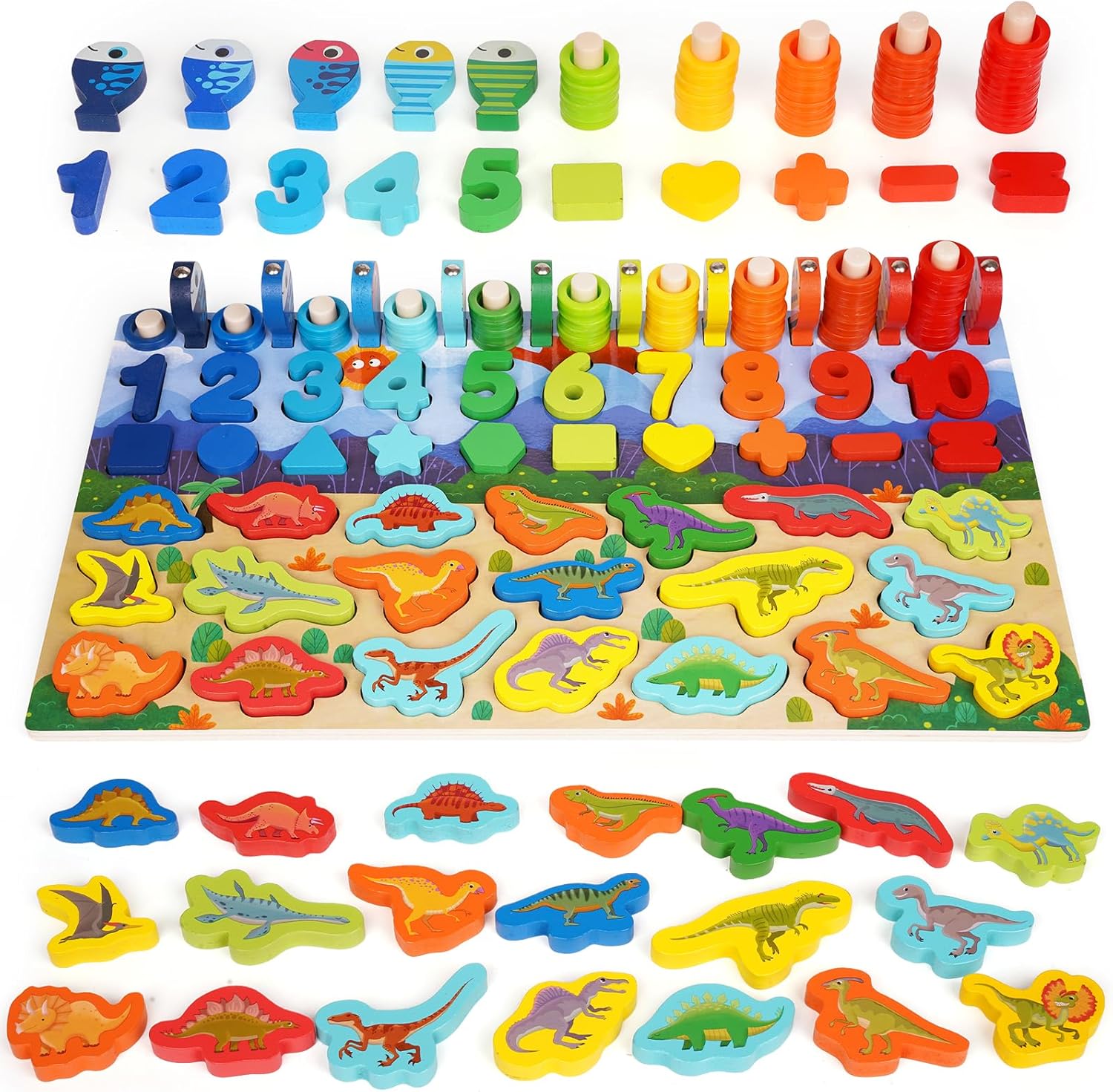 Rompecabezas de madera con forma de números de dinosaurios para niños pequeños, dinosaurios Montessori Matemáticas y contar, juego de pesca, tablero