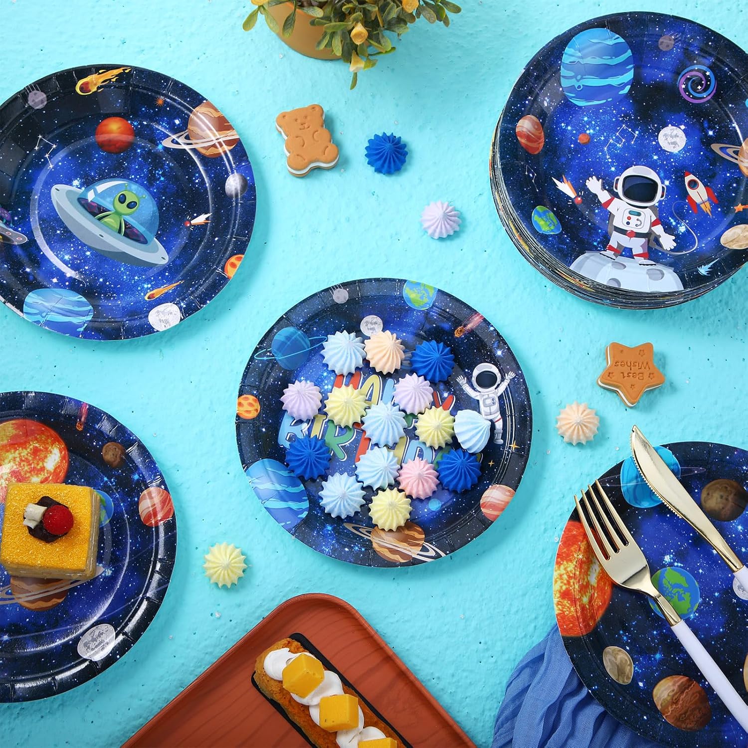 Paquete de 120 suministros para fiestas del espacio exterior, platos de papel del sistema solar de 7 pulgadas, platos de postre de astronauta,