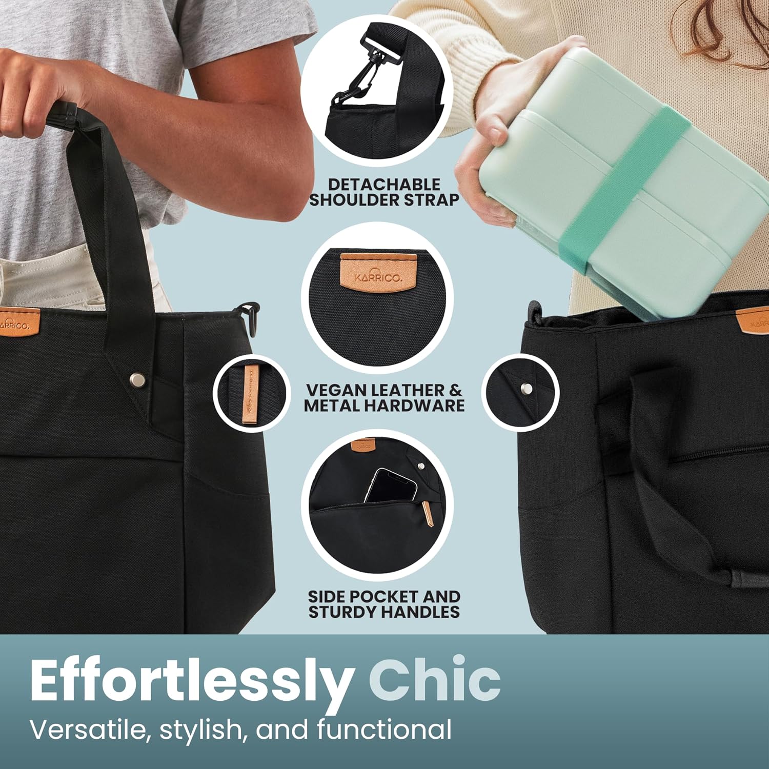 Bolsa de almuerzo aislada extra espaciosa para mujer, color negro, 10.5 L, sin BPA, BioCote, elegante y funcional