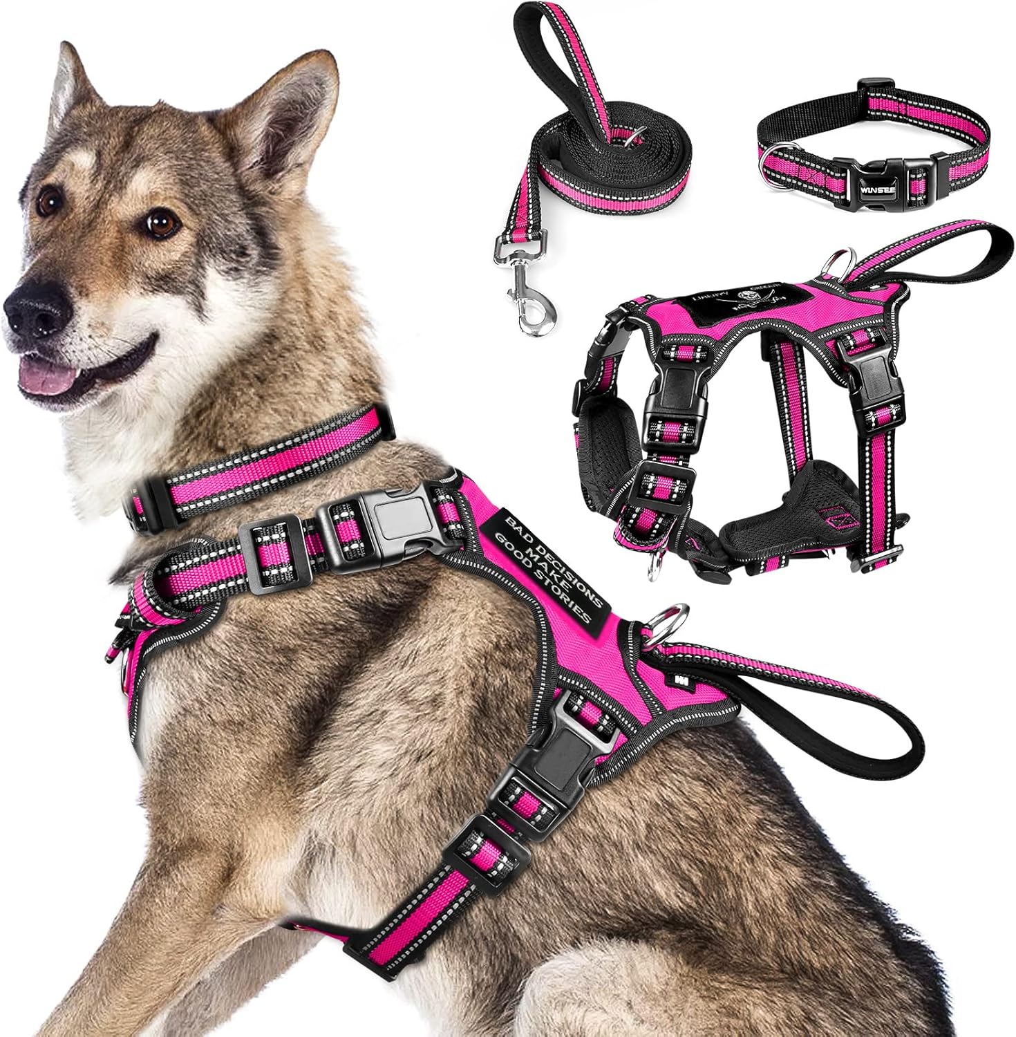 WINSEE Juego de arnés para mascotas, collar y correa, arnés reflectante todo en uno para perro, sin tirones, con hebillas ajustables para cachorros,