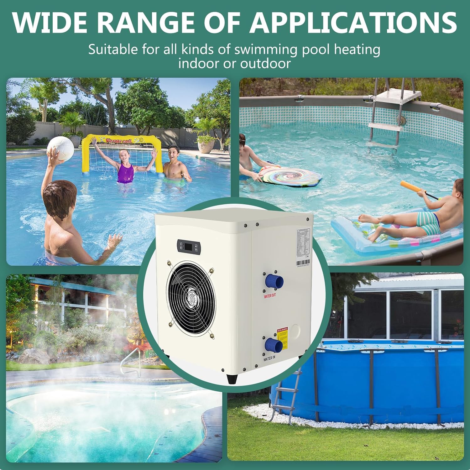 ABORON – Calentador de agua para piscinas sobre el suelo, bomba de calor de piscina, 14300 BTUh, hasta 2300 galones, 110V  120V60Hz