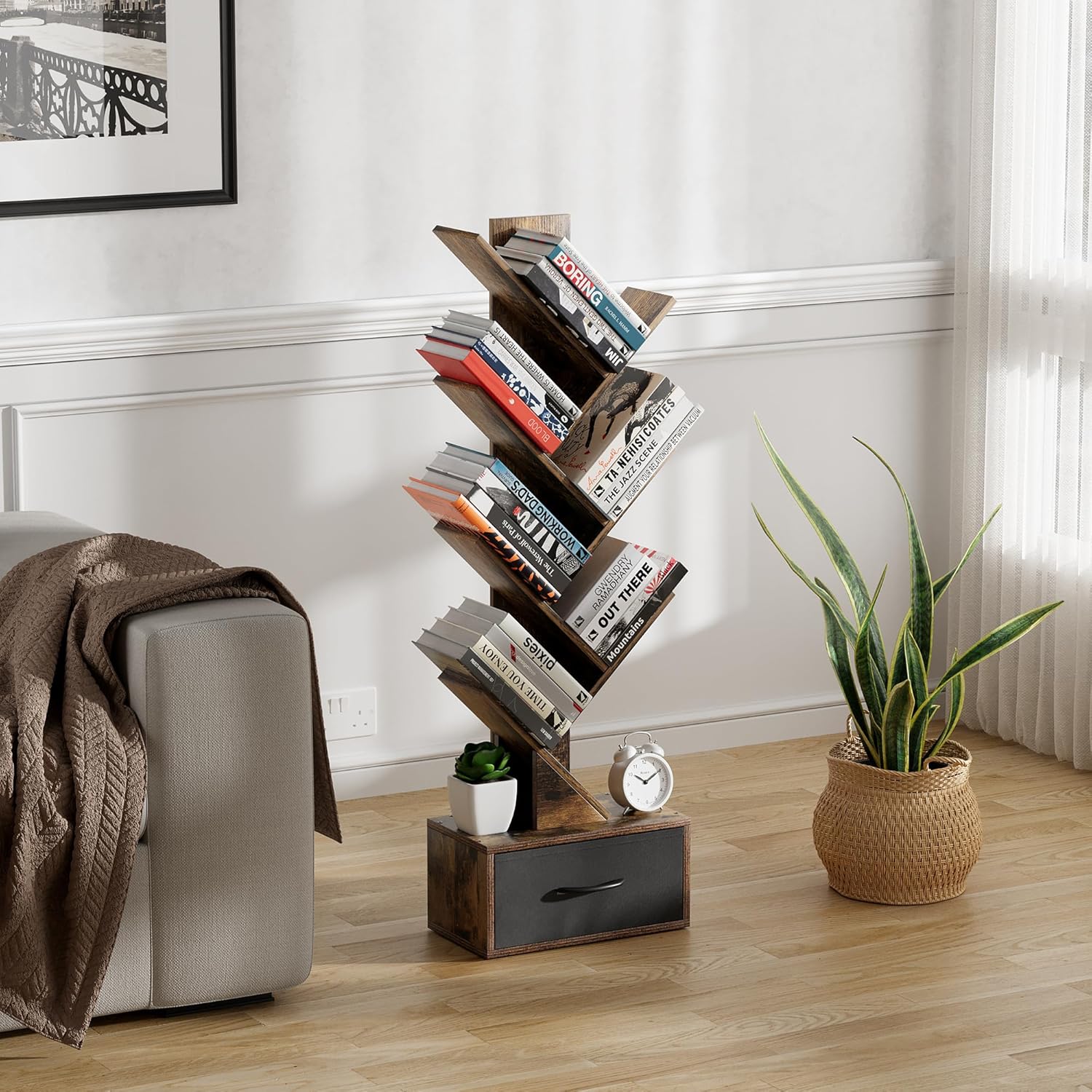 Egepon Estantería de árbol de 6 niveles con cajón, estante rústico marrón para libros, estante de almacenamiento de pie para CDs, películas, libros,