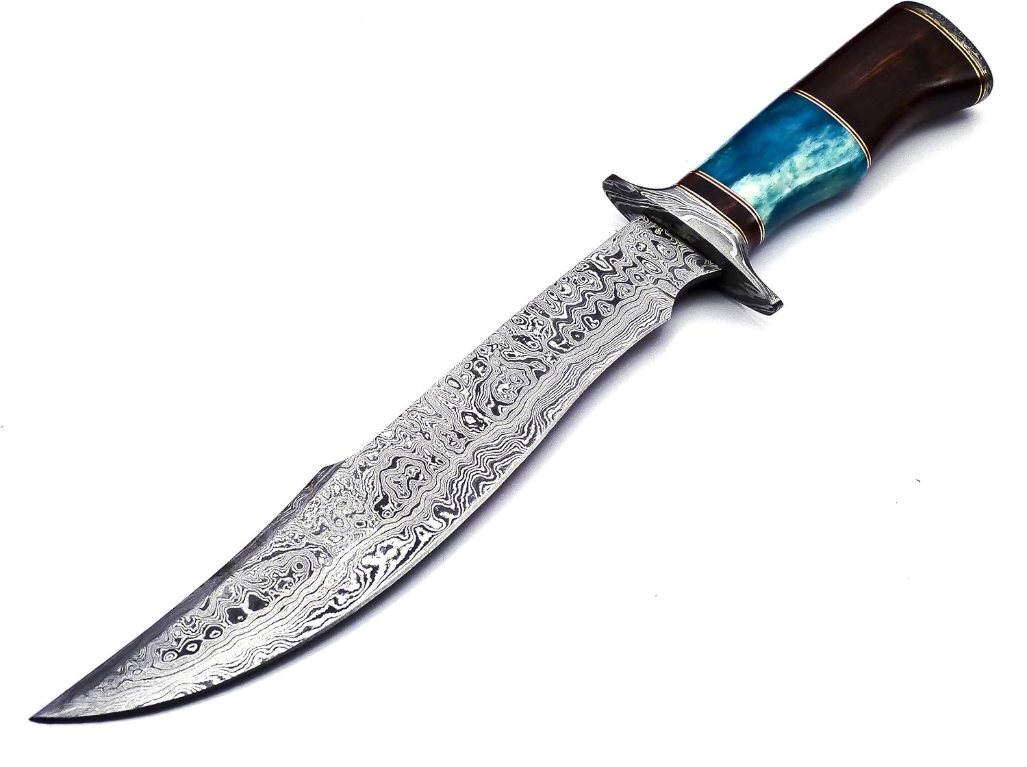 BK-41 – Cuchillo Bowie de acero de Damasco hecho a mano de 15 pulgadas, madera de Marindi maciza y mango de hueso de cuerno de toro con funda de