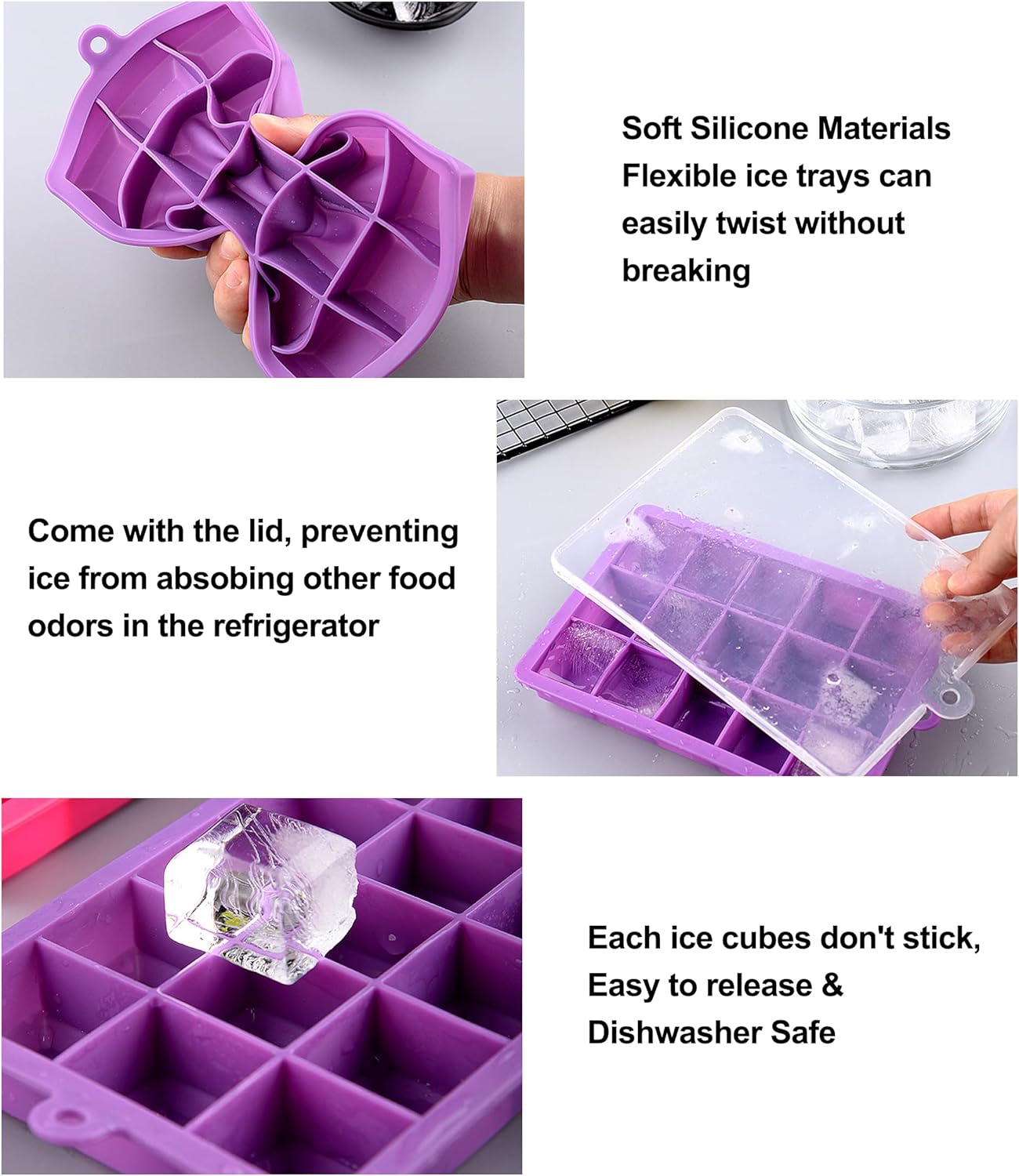 Bandejas para cubitos de hielo, paquete de 4 bandejas de hielo de silicona flexible con tapa extraíble, bandeja de 24 cubos de fácil liberación para