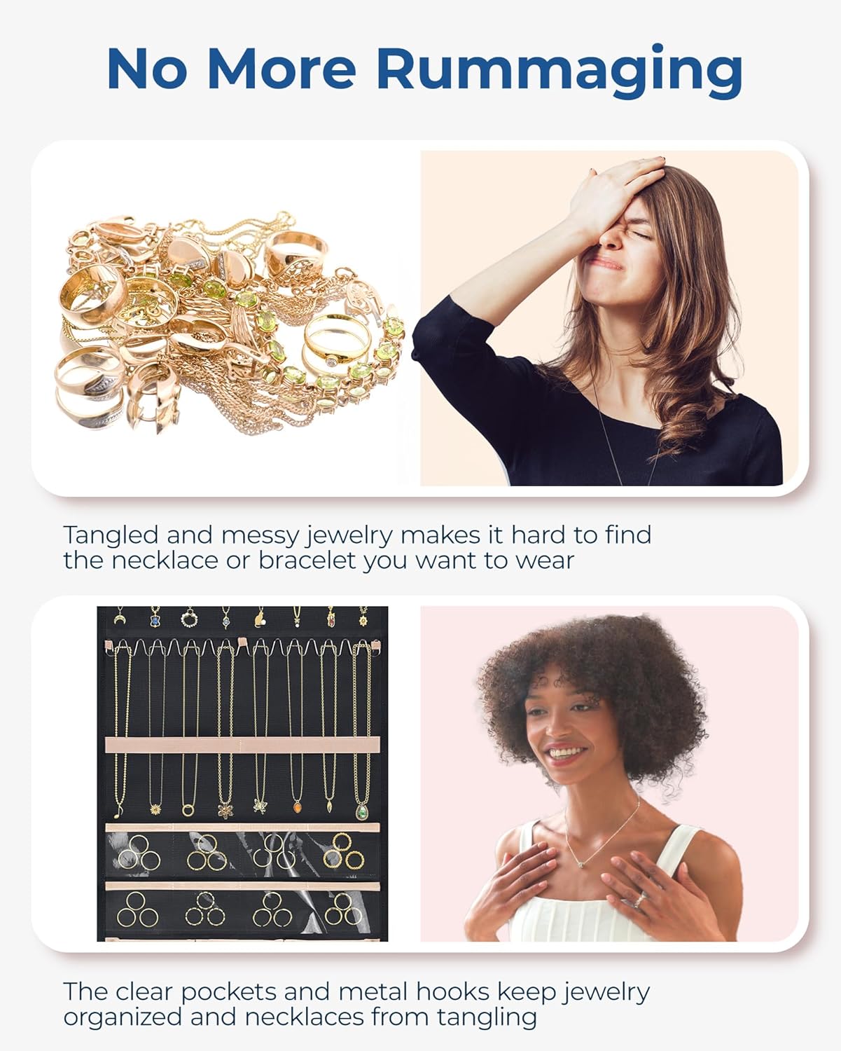 BAGSMART Organizador de joyas colgante con ganchos de metal, soporte de joyería de doble cara para organizar aretes, collares, anillos, perfecto