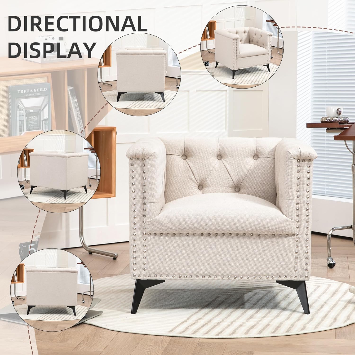 Silla decorativa Mid-Century, cómodo sofá individual con asiento cuadrado, moderno sillón decoración de remaches para sala de estar, dormitorio,