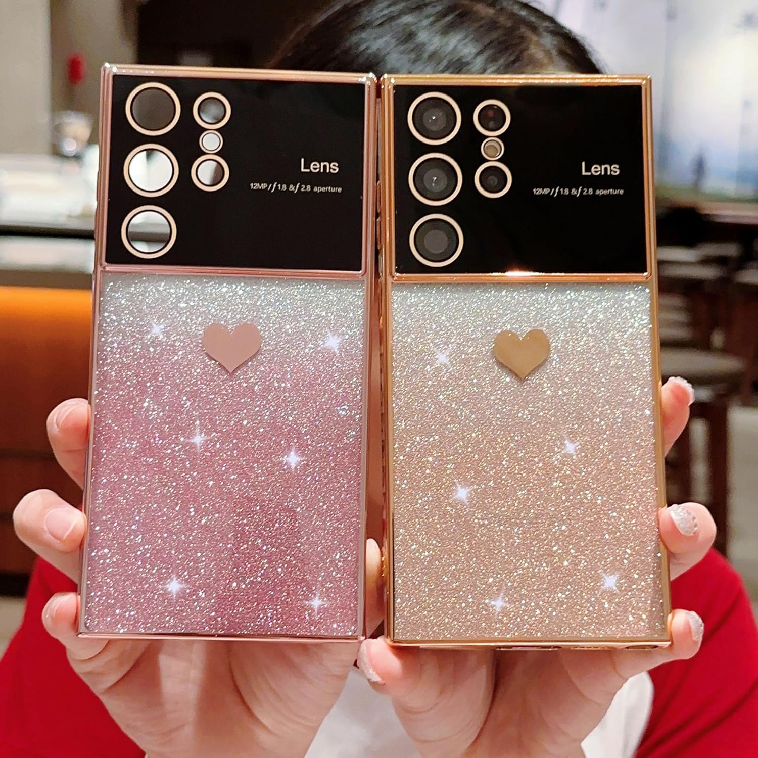 phylla Funda protectora suave a prueba de golpes para Samsung Galaxy S22 Ultra 0.18 oz con corazón degradado con purpurina y patrón lateral,