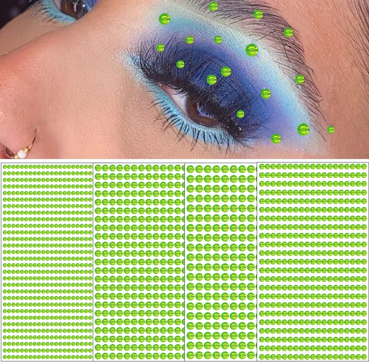 1792 calcomanías de perlas de cara verde, autoadhesivas para el cabello, calcomanías de diamantes de imitación para rostro, uñas, ojos, maquillaje