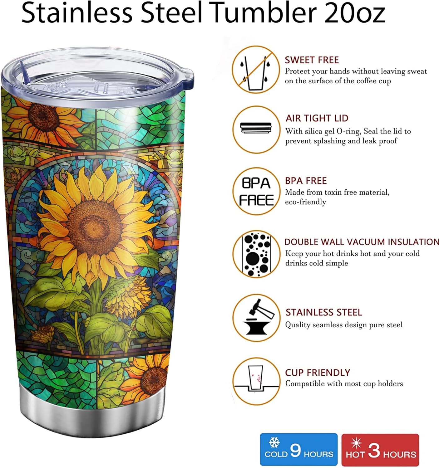 La Fonte Vaso de girasol personalizado, vaso temático de vidrieras de girasol, taza de café para amantes de los girasoles, taza de viaje de girasol,
