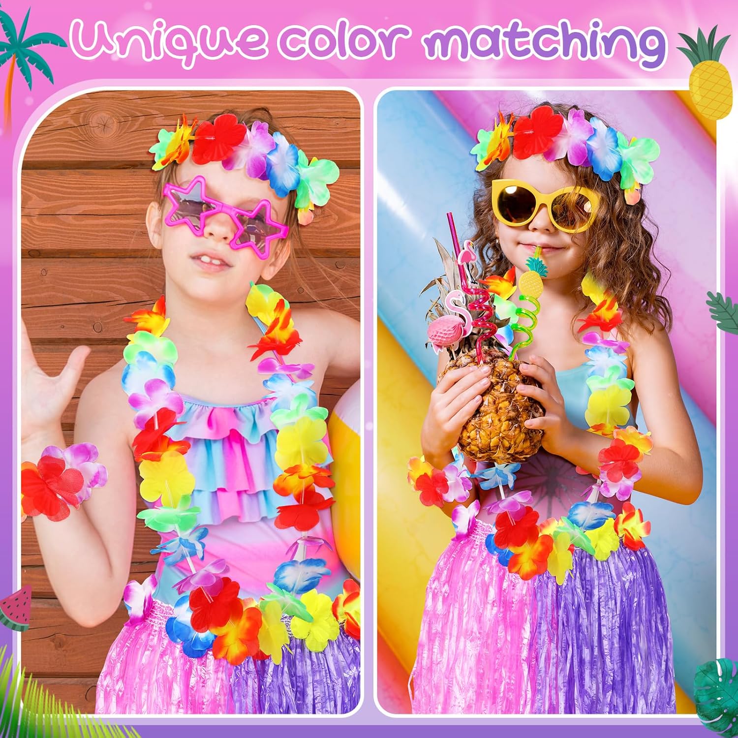 12 juegos de falda elástica de hierba de bailarina hula hawaiana Luau hierba faldas de flores conjunto de disfraz para niños fiesta Luau