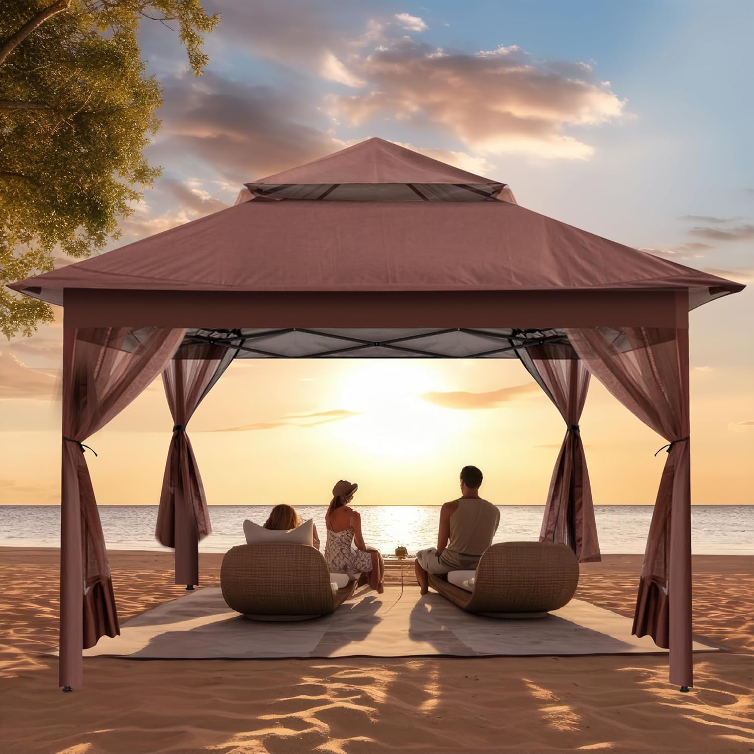 yoyomax Gazebo desplegable para exteriores de 13 x 13 pulgadas con red, kiosco portátil impermeable, refugio para patio con techo doble y 169 pies
